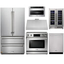 Thor Kitchen 6-Piece Appliance Package - 36-Inch Electric Range with Tilt Panel, French Door Refrigerator, Under Cabinet Hood, Dishwasher, Microwave Drawer, & Wine Cooler in Stainless Steel