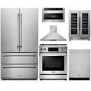 Thor Kitchen 6-Piece Appliance Package - 30-Inch Propane Gas Range, Tilt Panel, French Door Refrigerator, Wall Mount Hood, Dishwasher, Microwave Drawer, and Wine Cooler in Stainless Steel