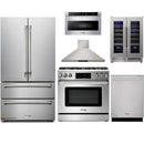 Thor Kitchen 6-Piece Appliance Package - 36-Inch Propane Gas Range, Tilt Panel, French Door Refrigerator, Wall Mount Hood, Dishwasher, Microwave Drawer, & Wine Cooler in Stainless Steel