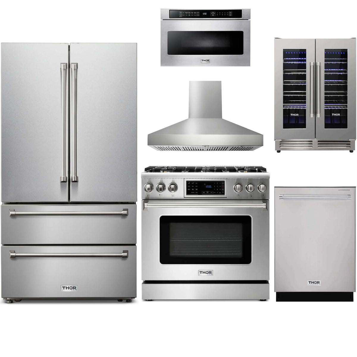 Stainless kitchen appliance package with French-door refrigerator, gas range, hood, wine cooler