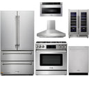 Thor Kitchen 6-Piece Appliance Package - 36-Inch Propane Gas Range, Tilt Panel, French Door Refrigerator, Pro-Style Wall Mount Hood, Dishwasher, Microwave Drawer, & Wine Cooler in Stainless Steel