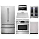 Thor Kitchen 6-Piece Appliance Package - 36-Inch Gas Range with Tilt Panel, French Door Refrigerator, Under Cabinet Hood, Dishwasher, Microwave Drawer, and Wine Cooler in Stainless Steel