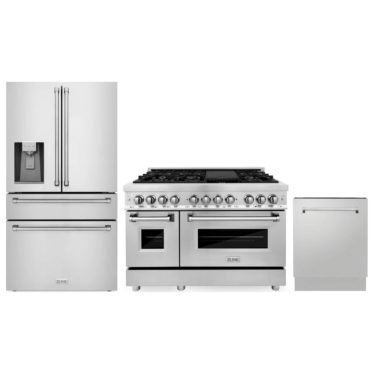 ZLINE 3-Piece Appliance Package - 48-Inch Dual Fuel Range, Refrigerator with Water Dispenser and 3-Rack Dishwasher in Stainless Steel