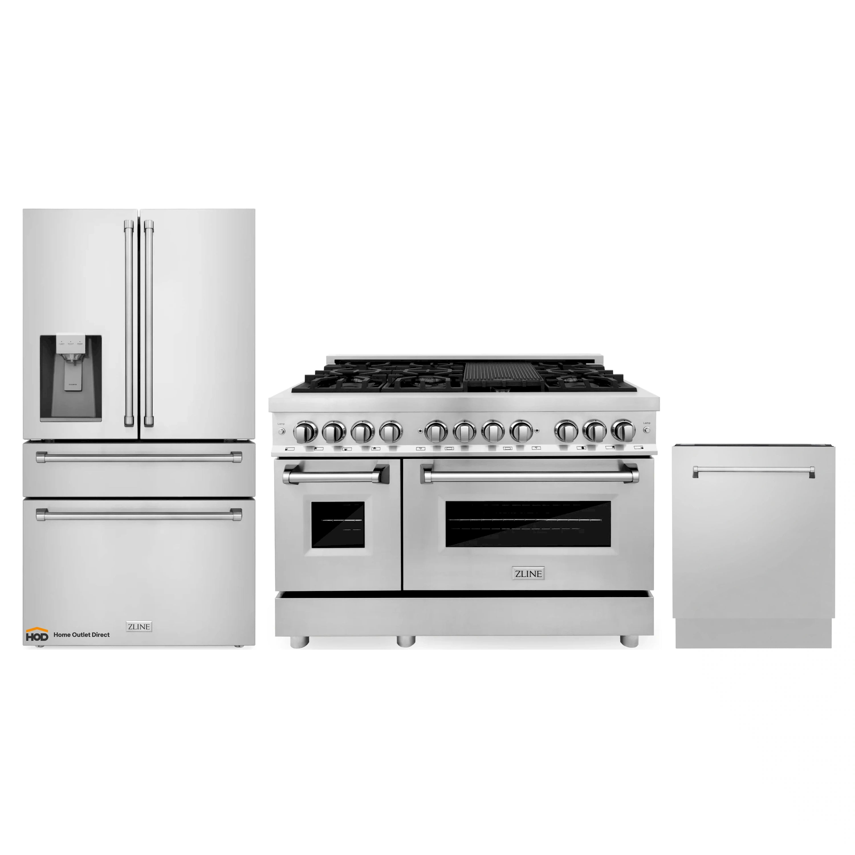 Stainless steel dual fuel range with black cooktop grates and two oven doors
