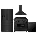 ZLINE 4-Piece Appliance Package - 36-Inch Dual Fuel Range, Refrigerator with Water Dispenser, Convertible Wall Mount Hood, and 3-Rack Dishwasher in Black Stainless Steel
