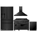 ZLINE 4-Piece Appliance Package - 48-Inch Dual Fuel Range, Refrigerator with Water Dispenser, Convertible Wall Mount Hood, and 3-Rack Dishwasher in Black Stainless Steel