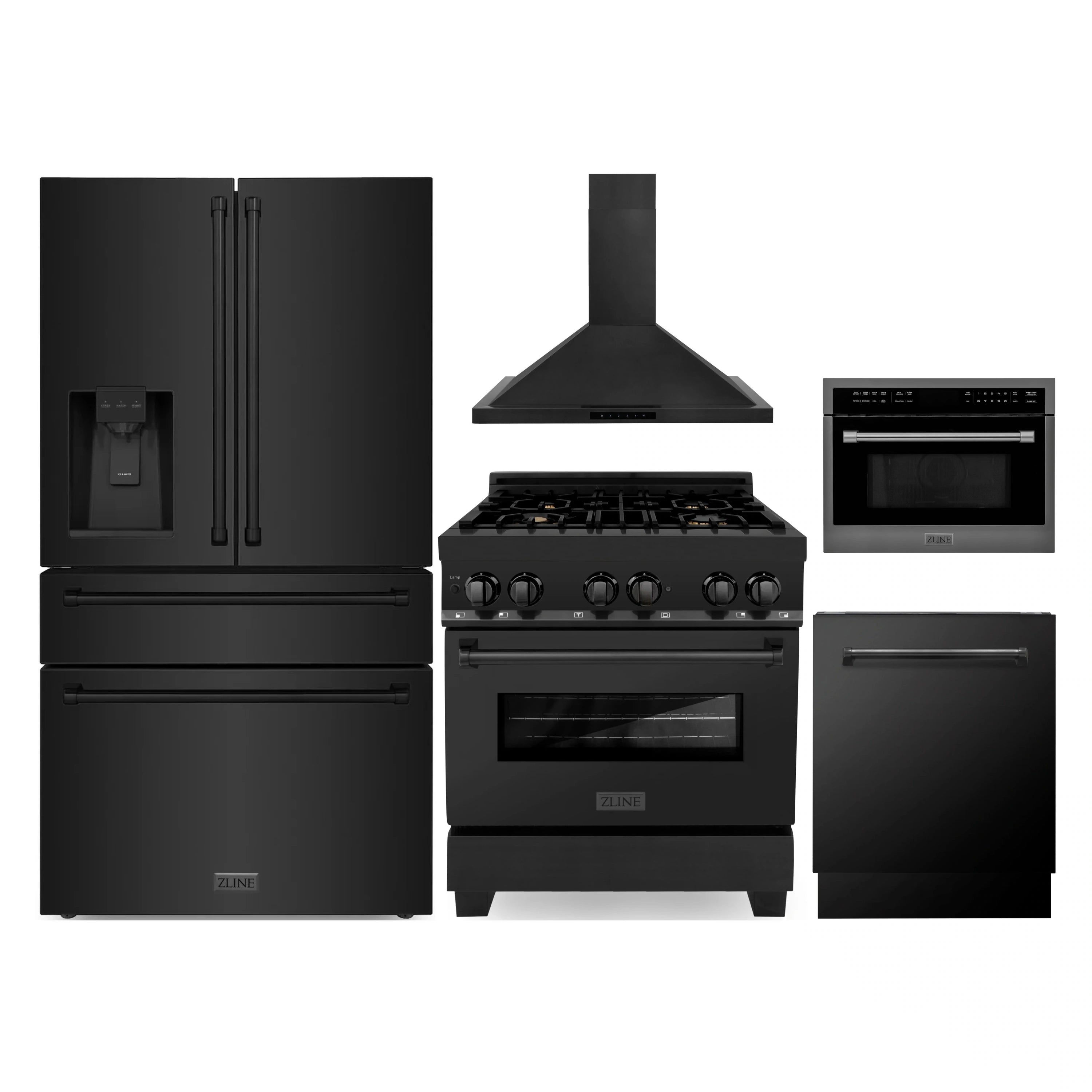 Black stainless appliance package with refrigerator, dual fuel range, hood, microwave, and oven