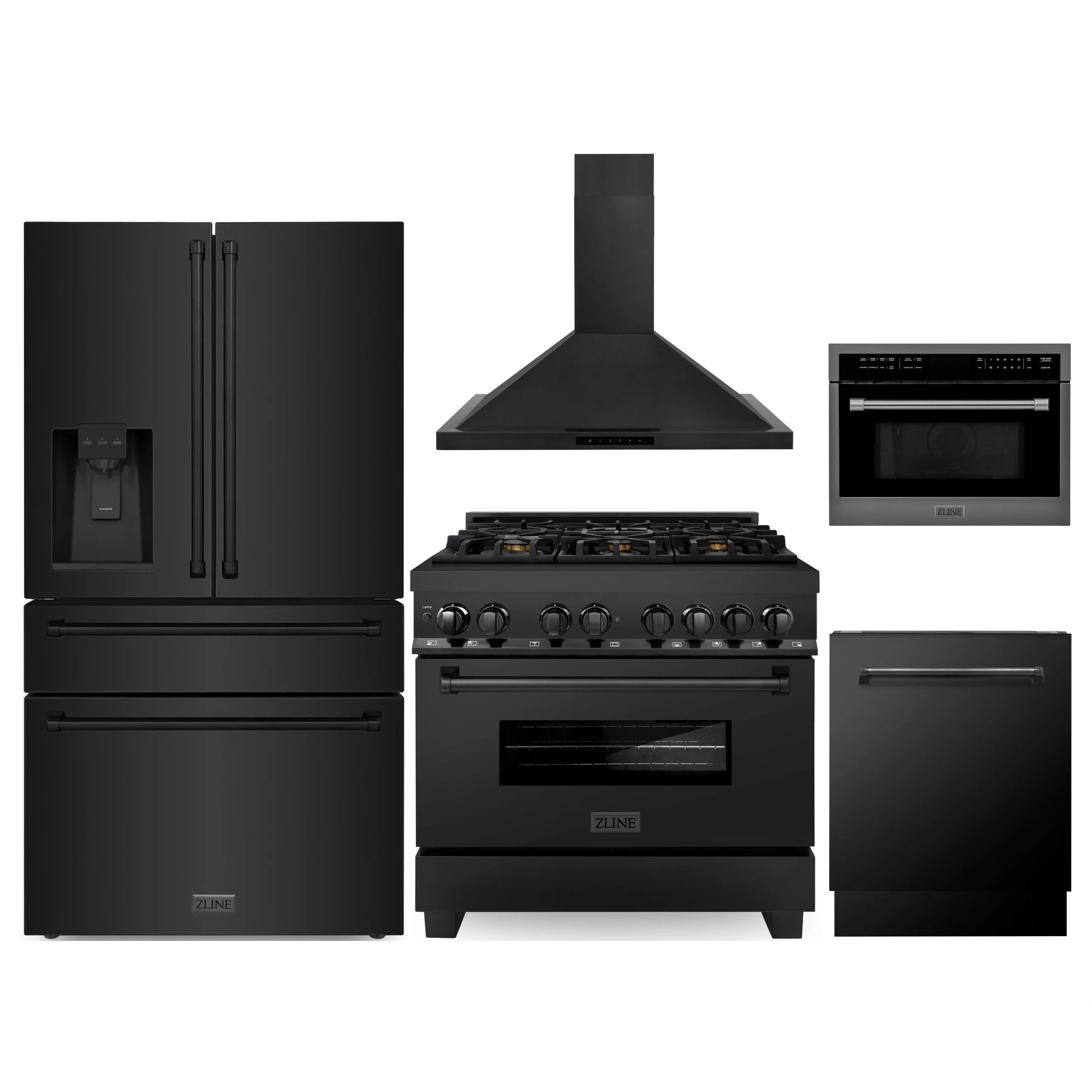 Black stainless appliance package lineup with refrigerator, range, oven, microwave, hood