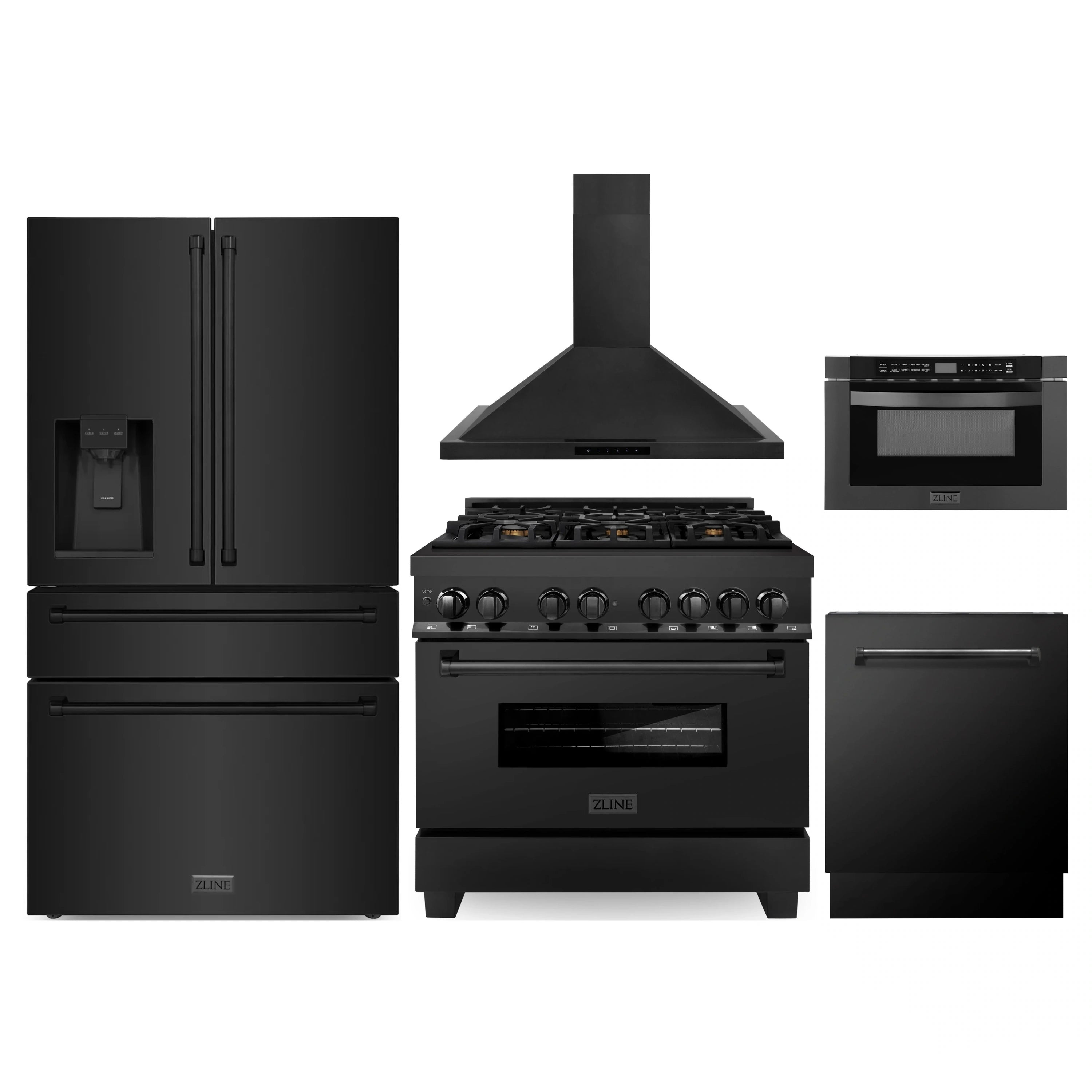 Black stainless appliance package showing refrigerator, dual fuel range, and microwave/oven