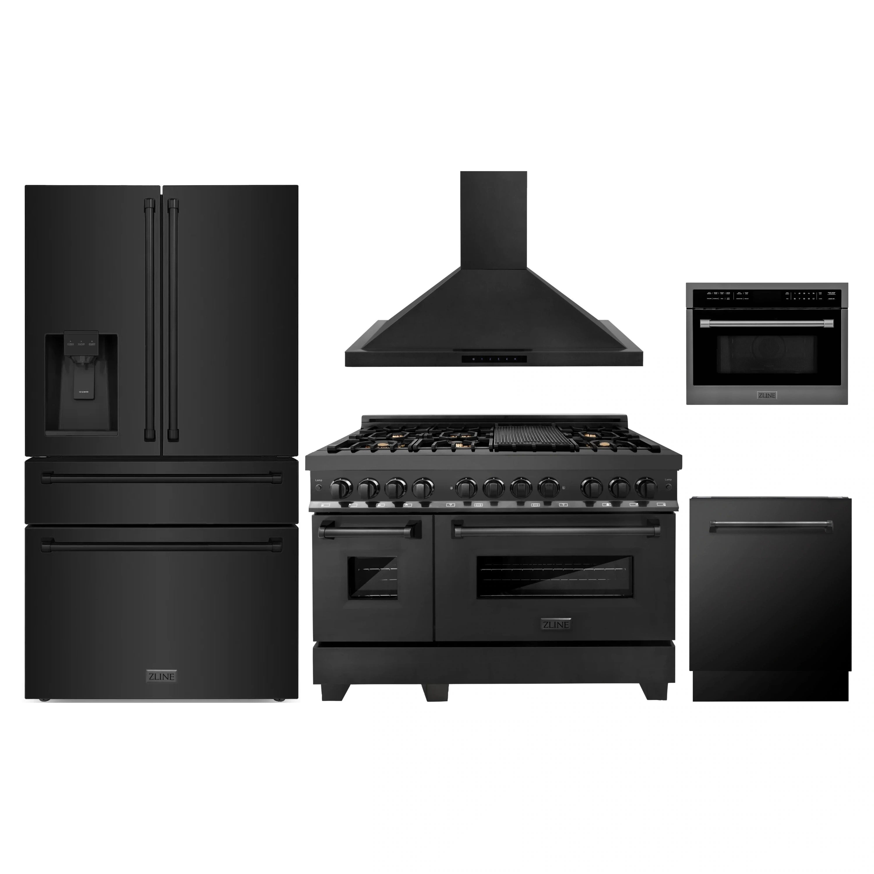 Black stainless appliance package with range, hood, microwave, refrigerator, and dishwasher
