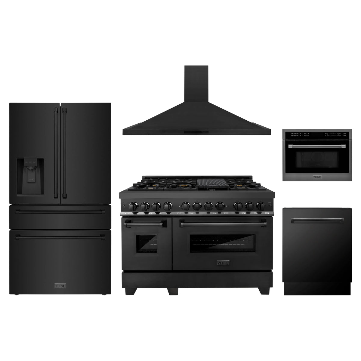 ZLINE 5-Piece Appliance Package - 48-Inch Dual Fuel Range, Refrigerator with Water Dispenser, Convertible Wall Mount Hood, Microwave Oven, and 3-Rack Dishwasher in Black Stainless Steel