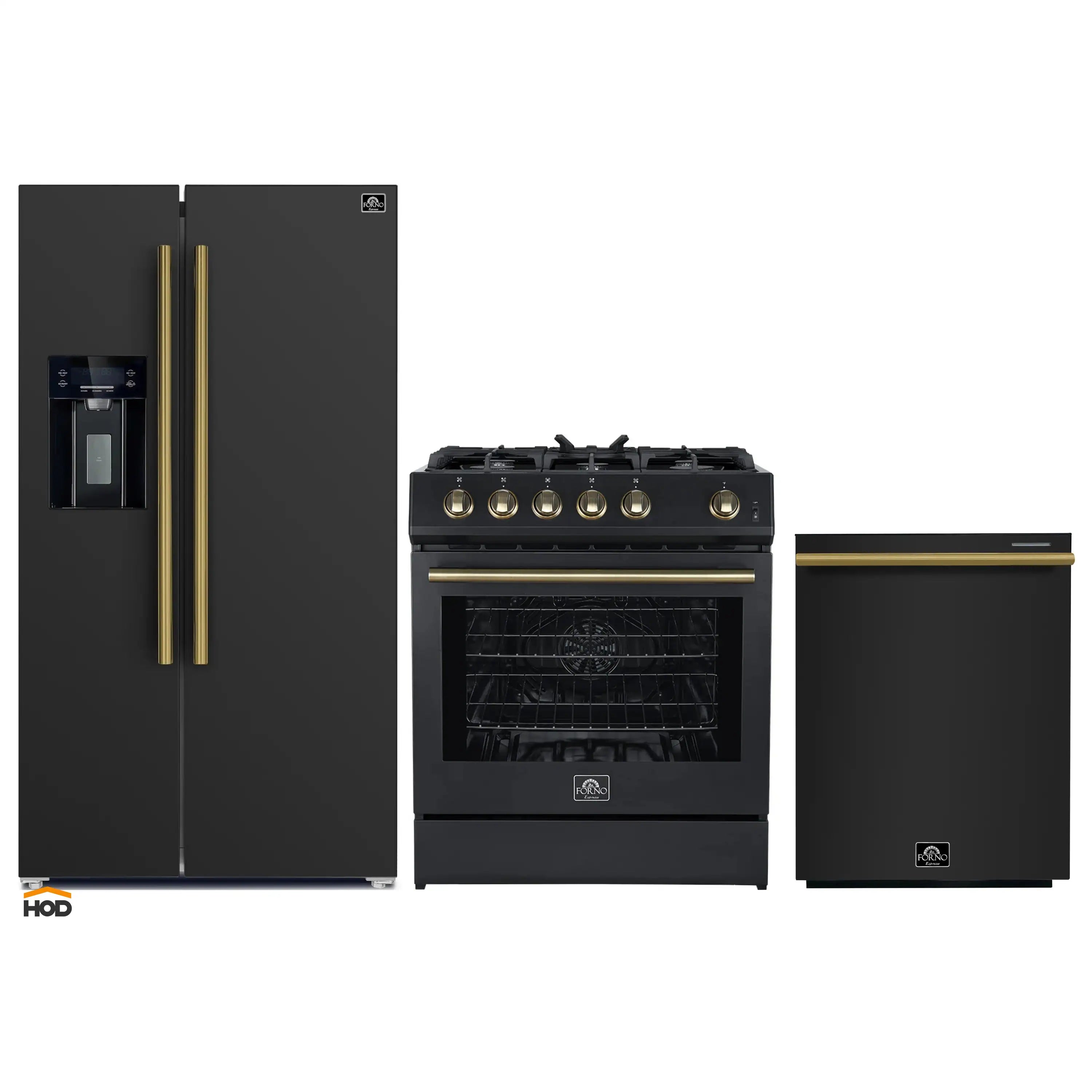 Three-piece appliance set: black gas range, refrigerator, and dishwasher with brass accents