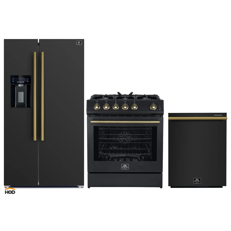 Forno 3-Piece Appliance Package - 30-Inch Gas Range, Refrigerator with Water Dispenser, and Dishwasher in Black with Antique Brass Trim