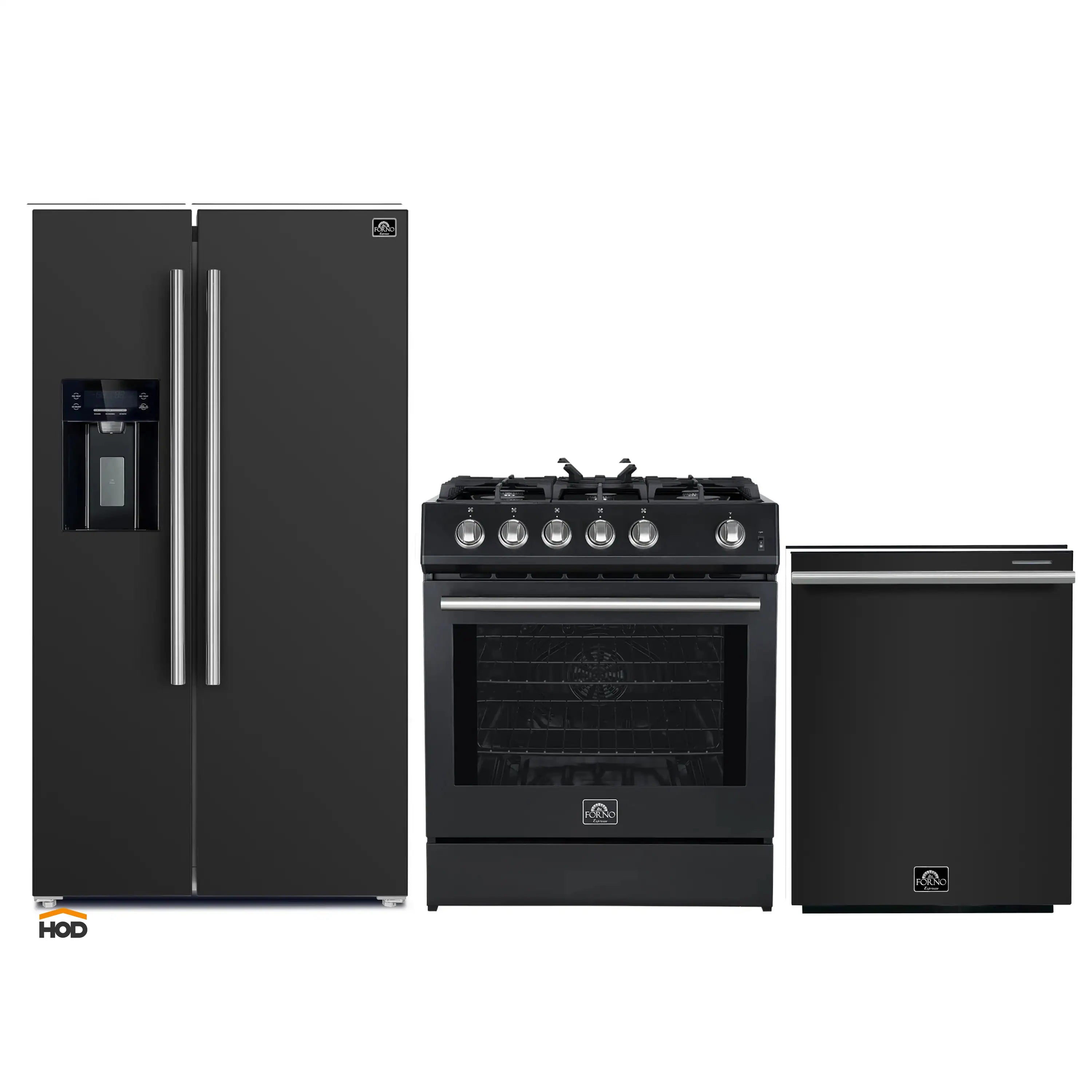 Black 3-piece appliance set: gas range, refrigerator, and dishwasher with stainless trim