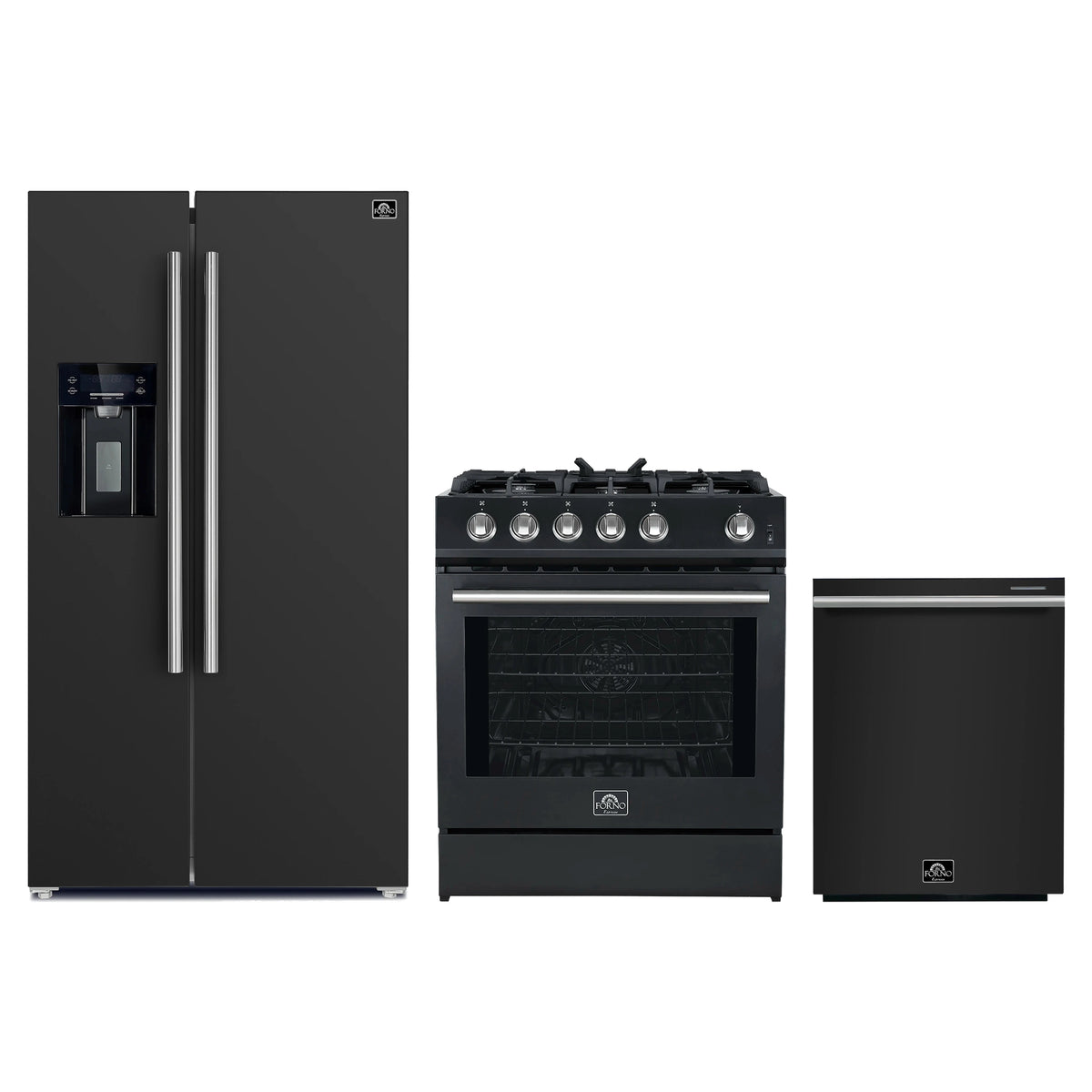 Forno 3-Piece Appliance Package - 30-Inch Gas Range, Refrigerator with Water Dispenser, and Dishwasher in Black with Stainless Steel Trim