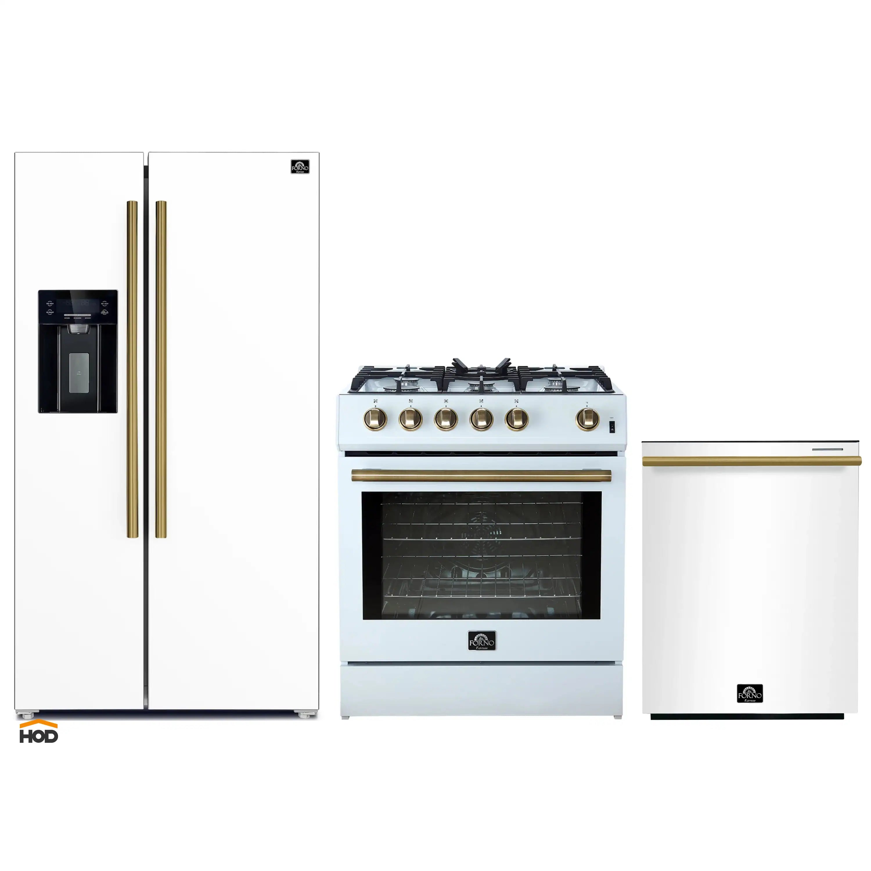 White gas range with stainless oven plus refrigerator and dishwasher with brass trim