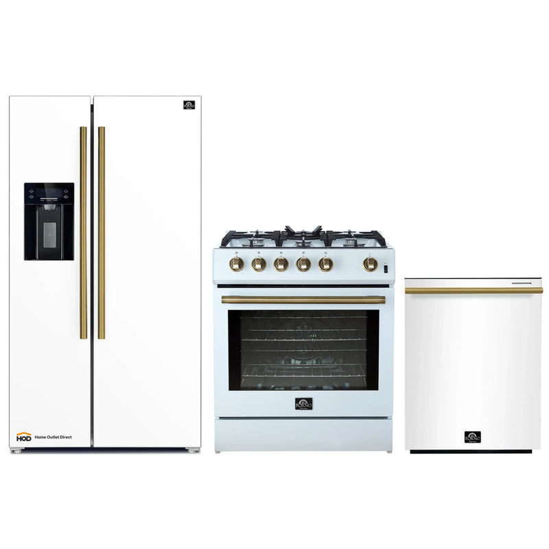 Forno 3-Piece Appliance Package - 30-Inch Gas Range, Refrigerator with Water Dispenser, and Dishwasher in White with Antique Brass Trim