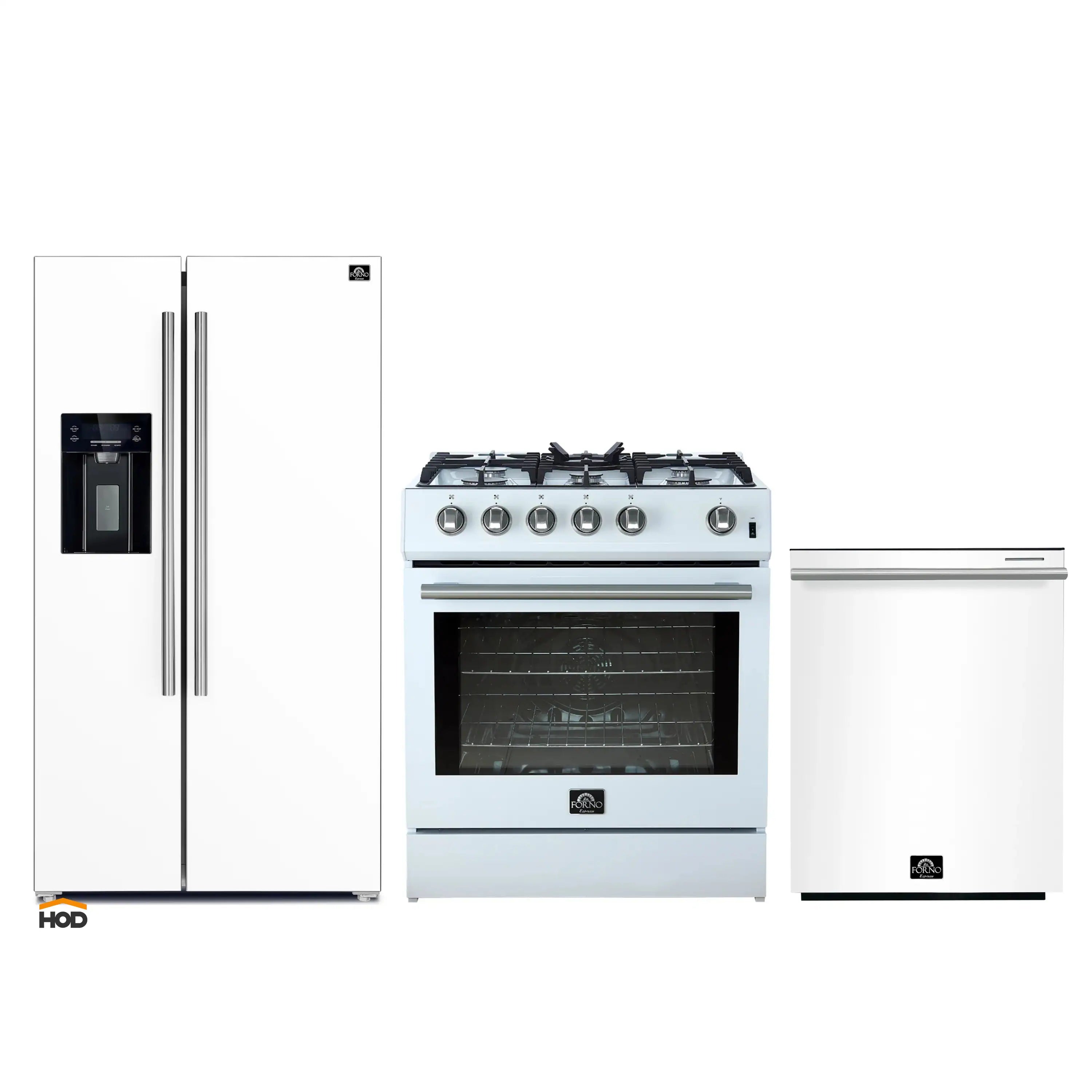 3-piece white appliance set with stainless steel trim: refrigerator, gas range, dishwasher