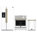 Forno 3-Piece Appliance Package - 30-Inch Espresso Gas Range, Refrigerator with Water Dispenser, and Dishwasher in White with Antique Brass Trim