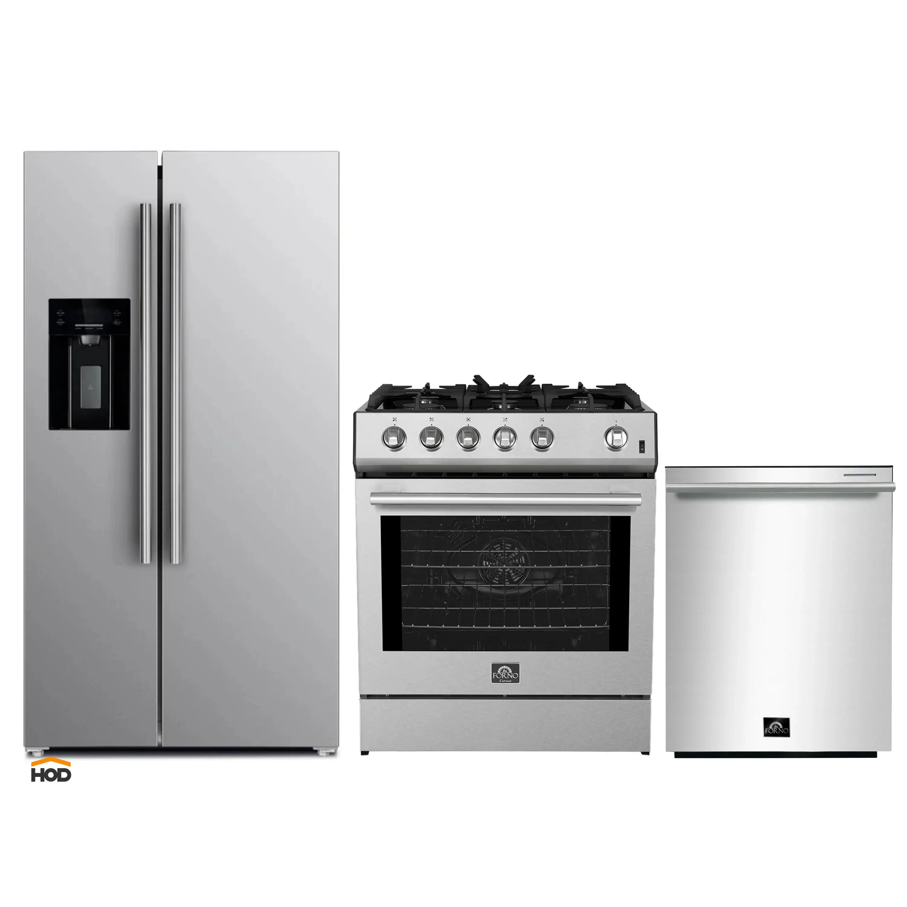 Stainless steel appliance package with refrigerator, gas range, and dishwasher