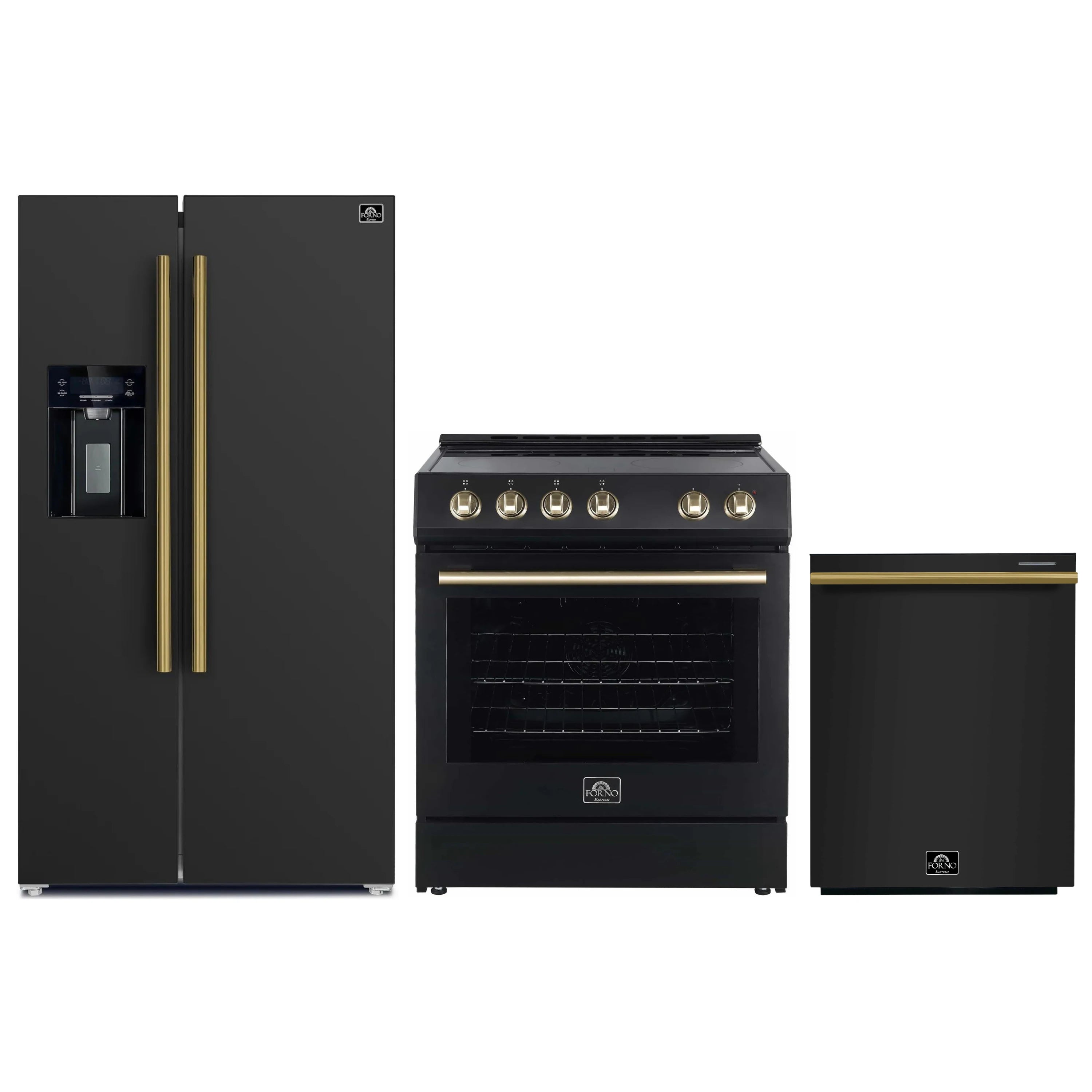 Black 3-piece appliance package: refrigerator, electric range, and dishwasher with brass accents