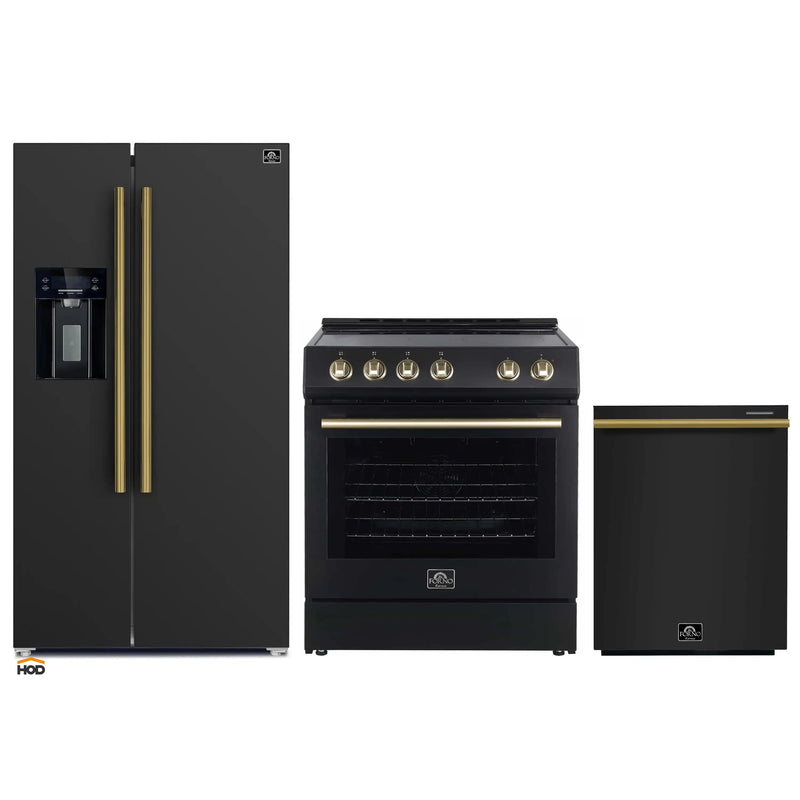 Forno Espresso 3-Piece Appliance Package - 30-Inch Electric Range, Refrigerator with Water Dispenser and Dishwasher in Black with Antique Brass Trim
