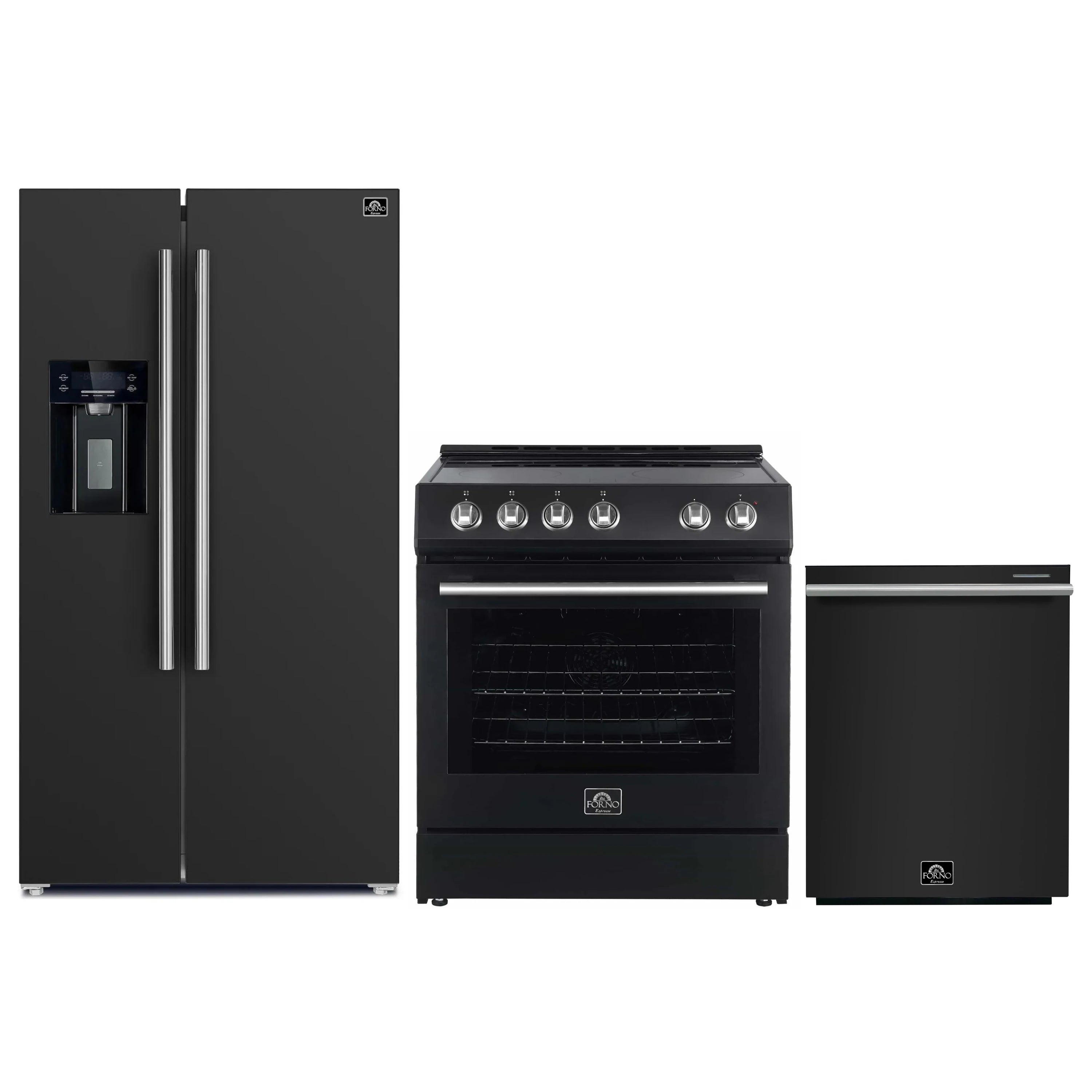 Black kitchen appliance set with stainless trims: electric range, refrigerator, dishwasher