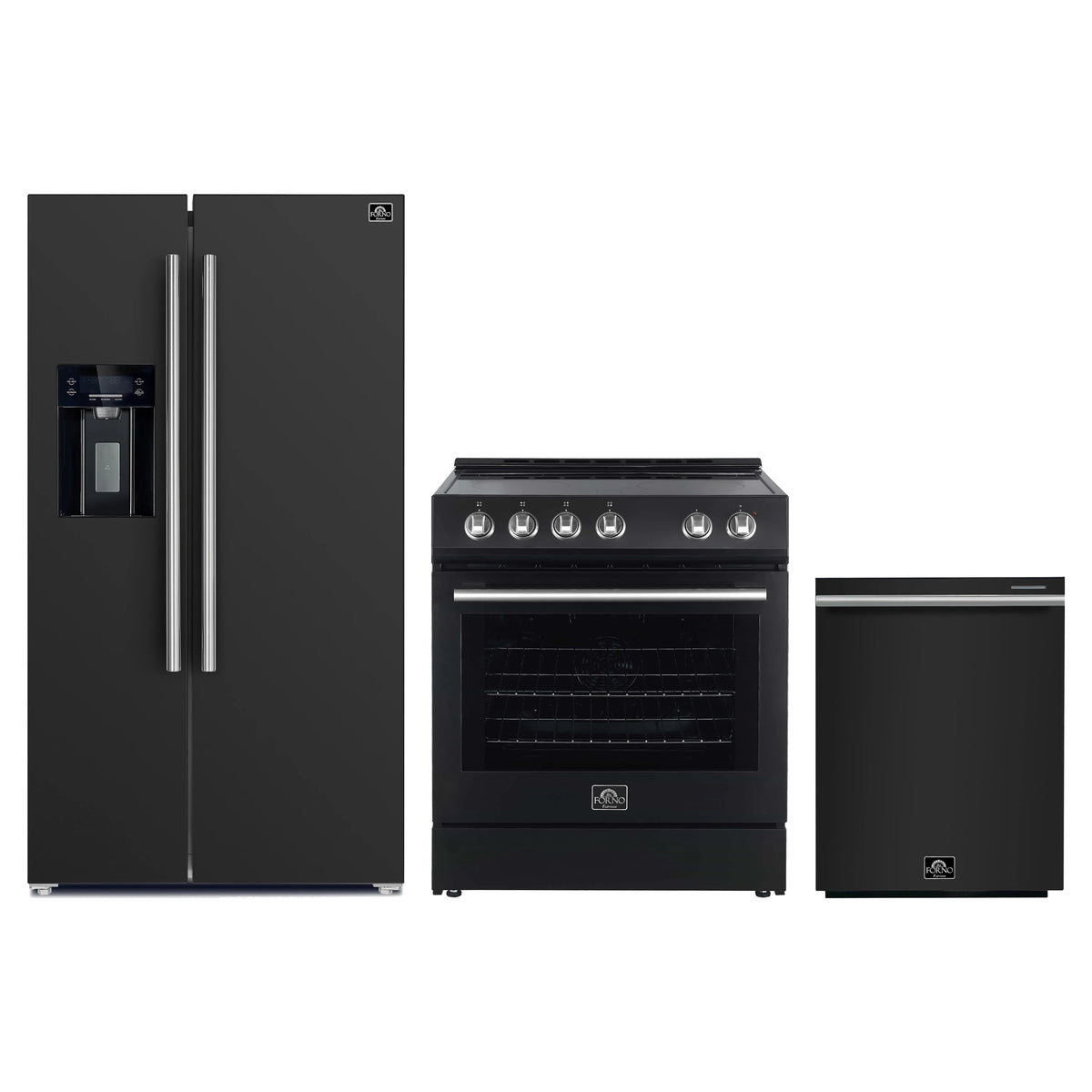 Forno Espresso 3-Piece Appliance Package - 30-Inch Electric Range, Refrigerator with Water Dispenser and Dishwasher in Black with Stainless Steel Trim