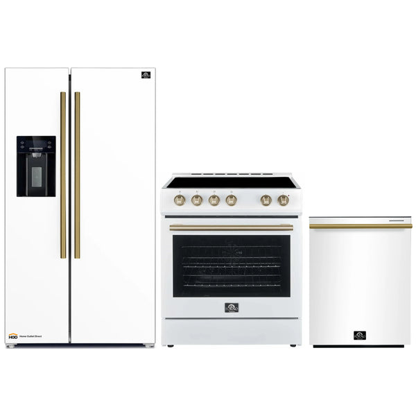 Forno Espresso 3-Piece Appliance Package - 30-Inch Electric Range, Refrigerator with Water Dispenser and Dishwasher in White with Antique Brass Trim