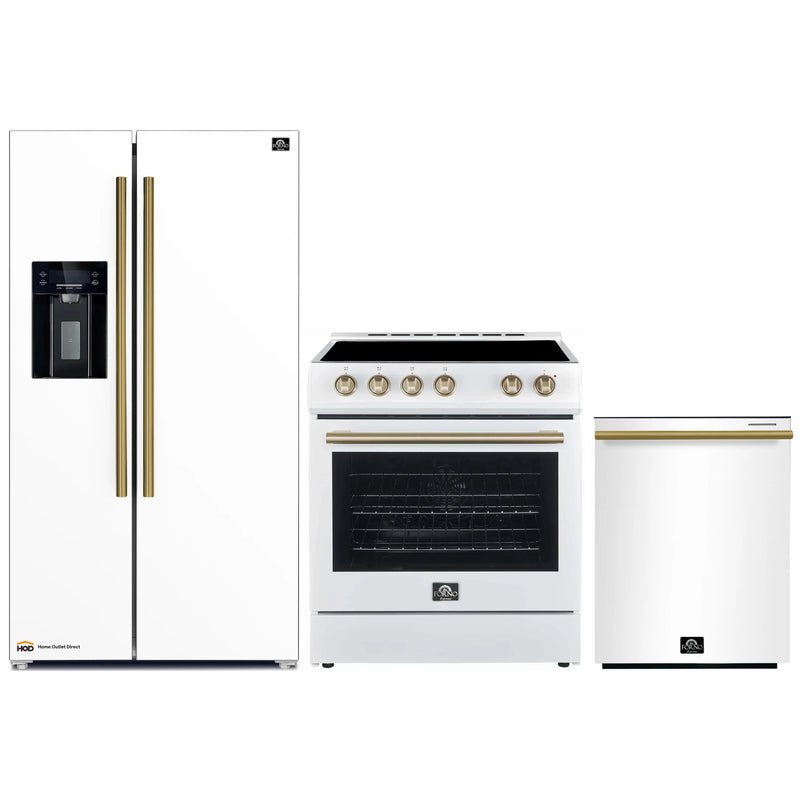 Forno Espresso 3-Piece Appliance Package - 30-Inch Electric Range, Refrigerator with Water Dispenser and Dishwasher in White with Brass Handle