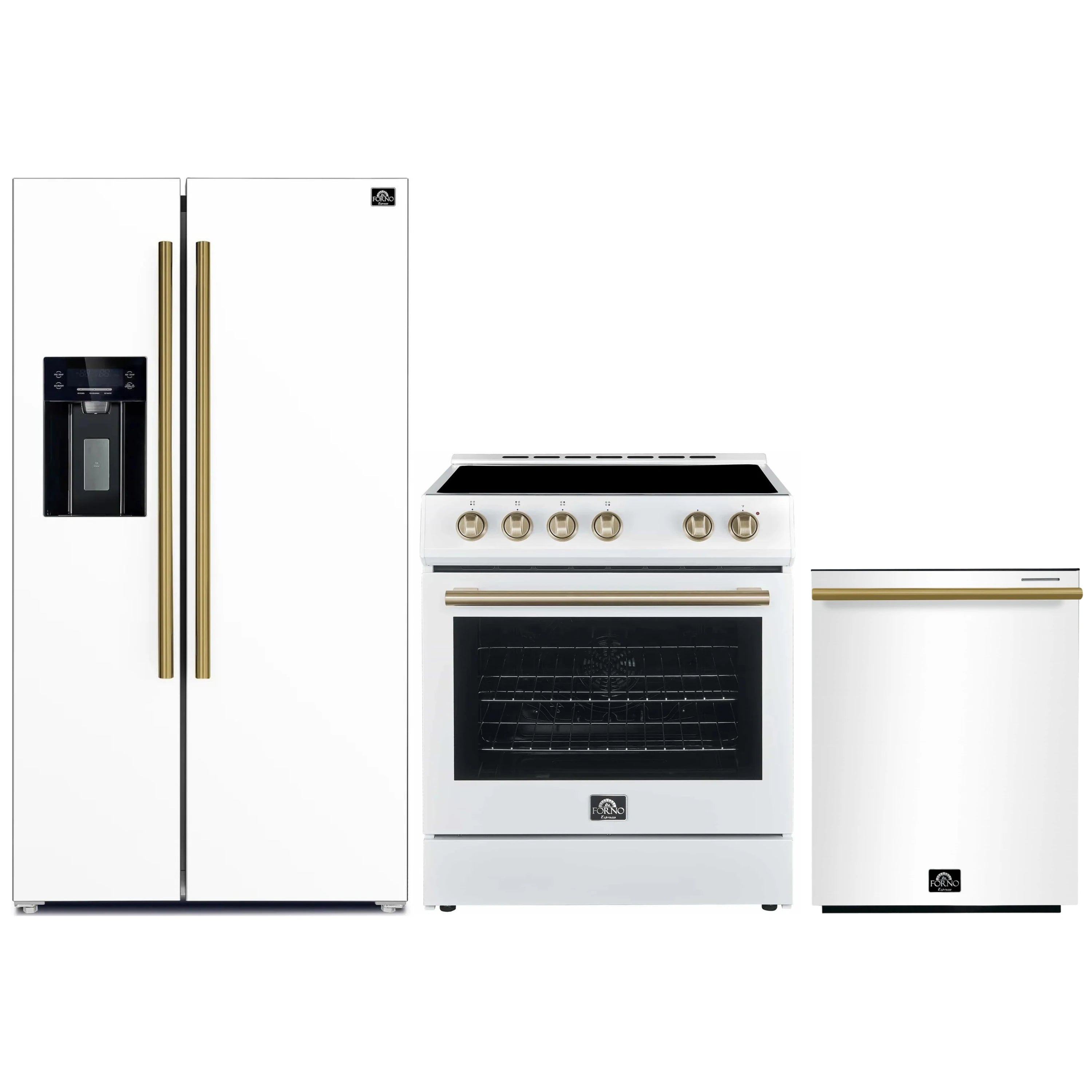 White 3-piece appliance set with refrigerator, electric range, and dishwasher, brass accents