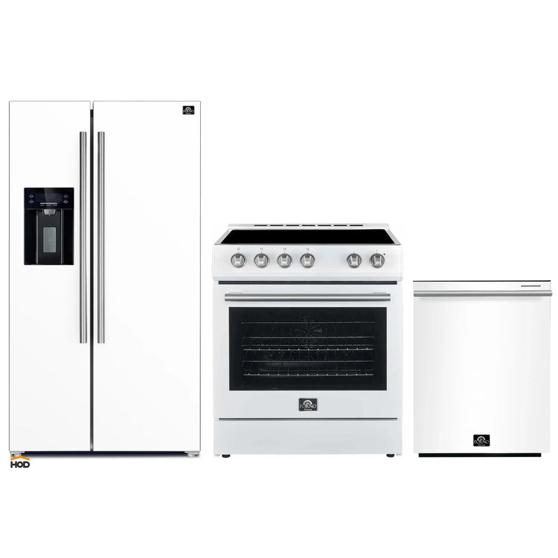 Forno Espresso 3-Piece Appliance Package - 30-Inch Electric Range, Refrigerator with Water Dispenser and Dishwasher in White with Stainless Steel Trim