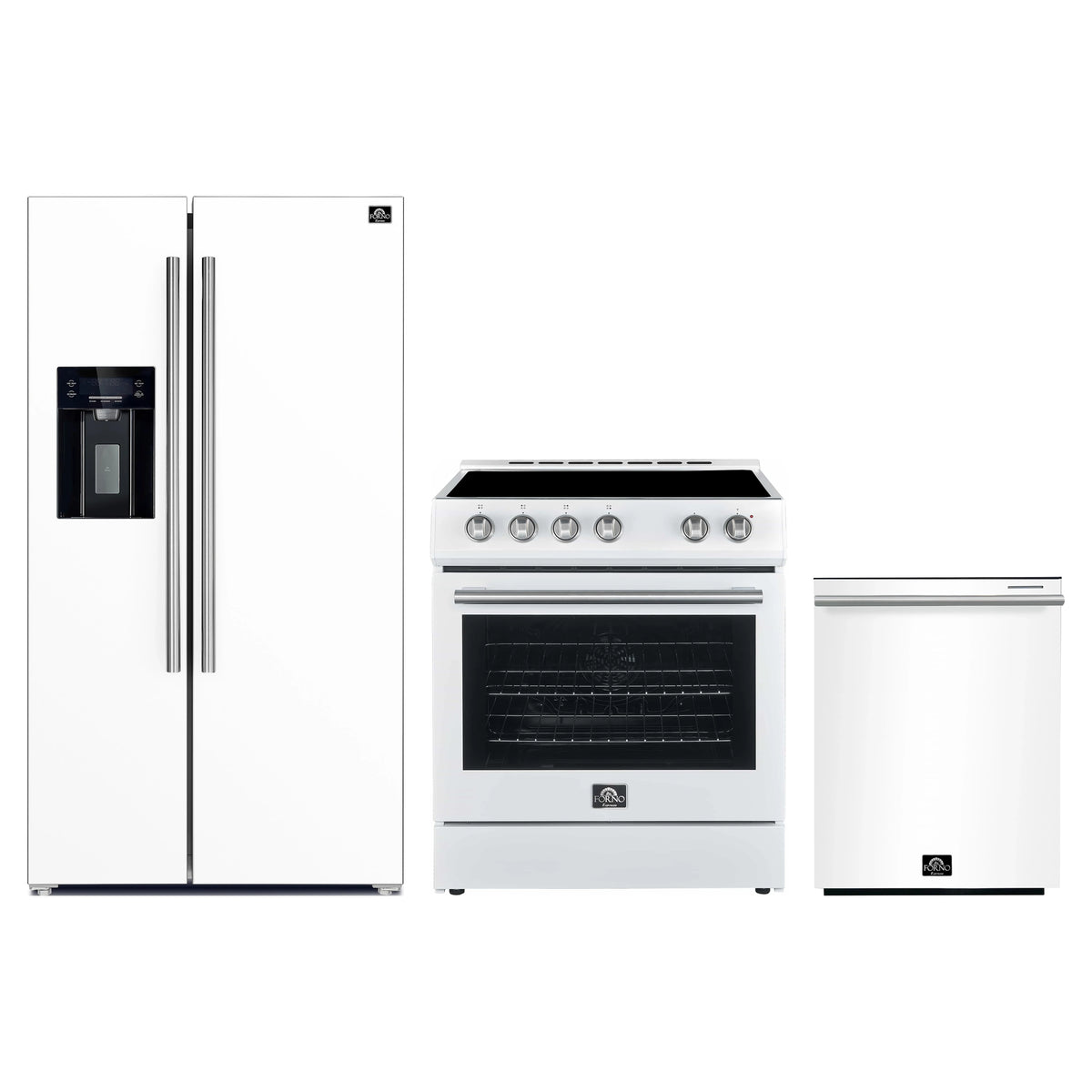 Forno Espresso 3-Piece Appliance Package - 30-Inch Electric Range, Refrigerator with Water Dispenser and Dishwasher in White with Stainless Steel Trim