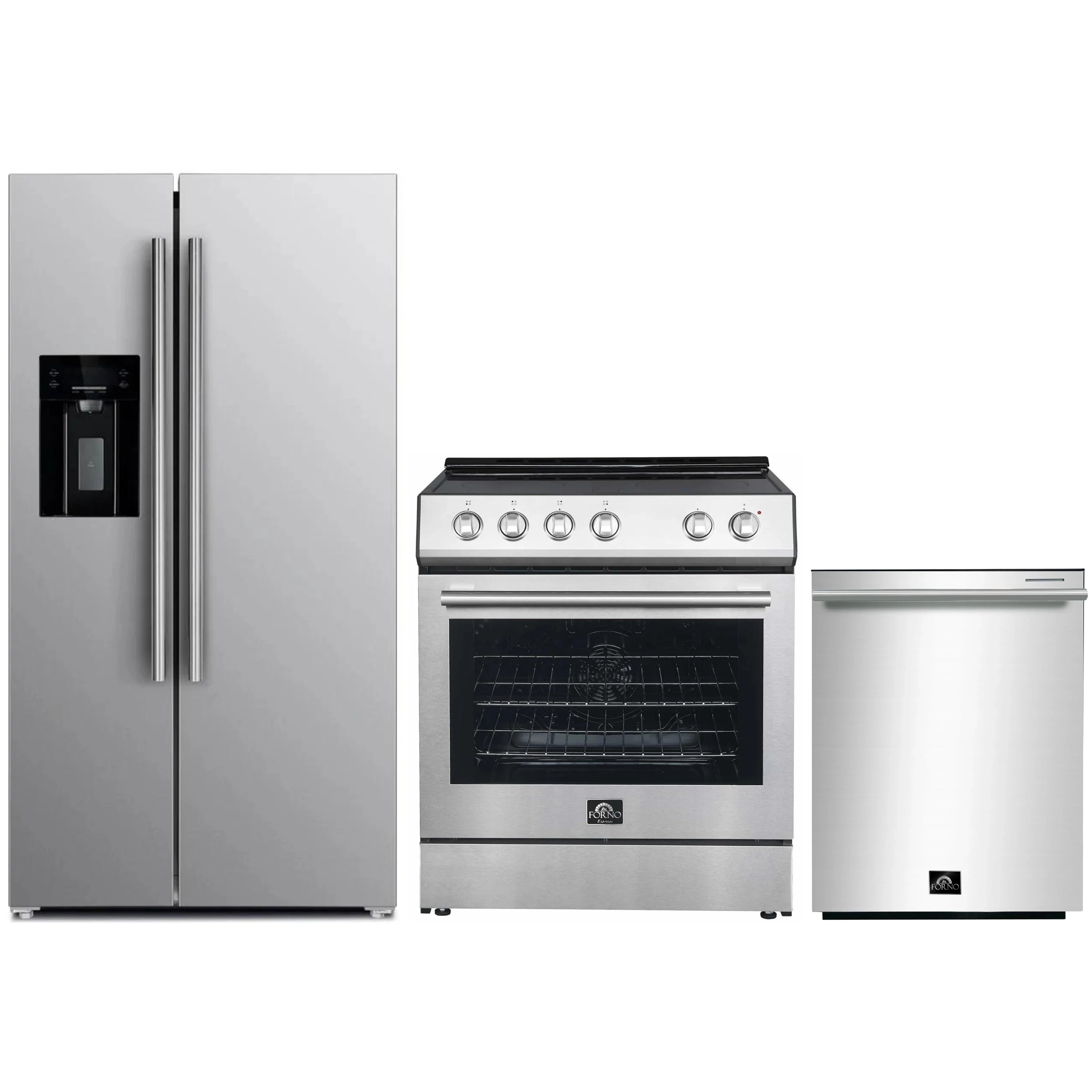 Stainless steel appliance package: refrigerator, electric range, and dishwasher
