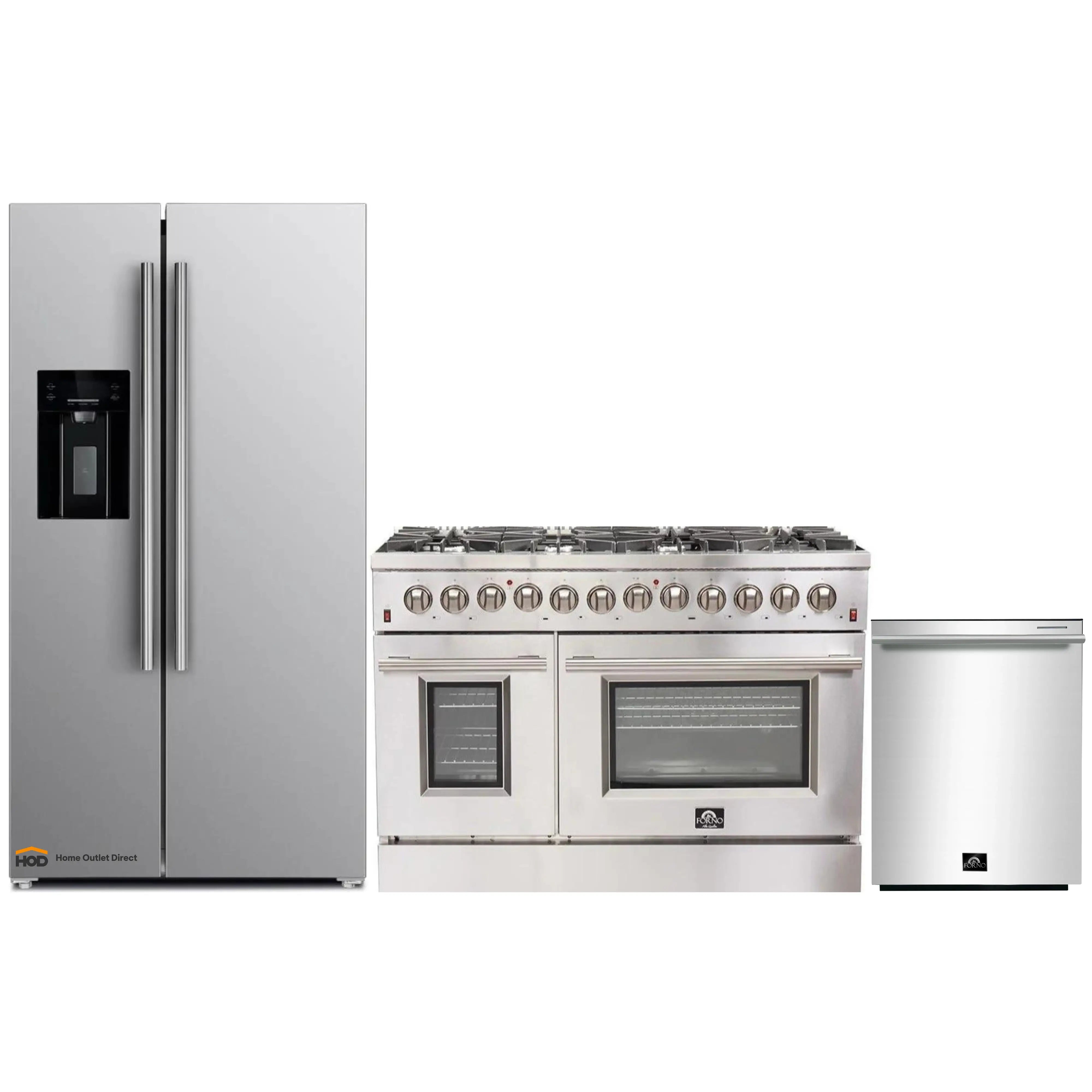 Stainless steel appliance set featuring dual fuel range, refrigerator, and dishwasher