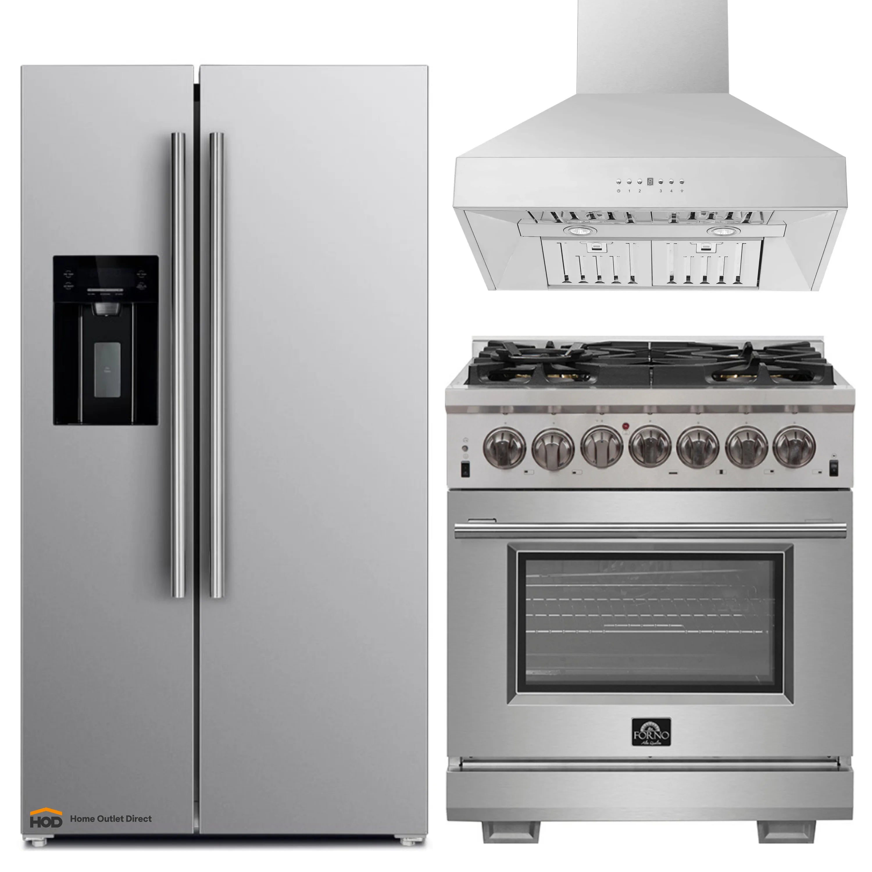 Stainless steel refrigerator, dual fuel range, and wall-mount hood set