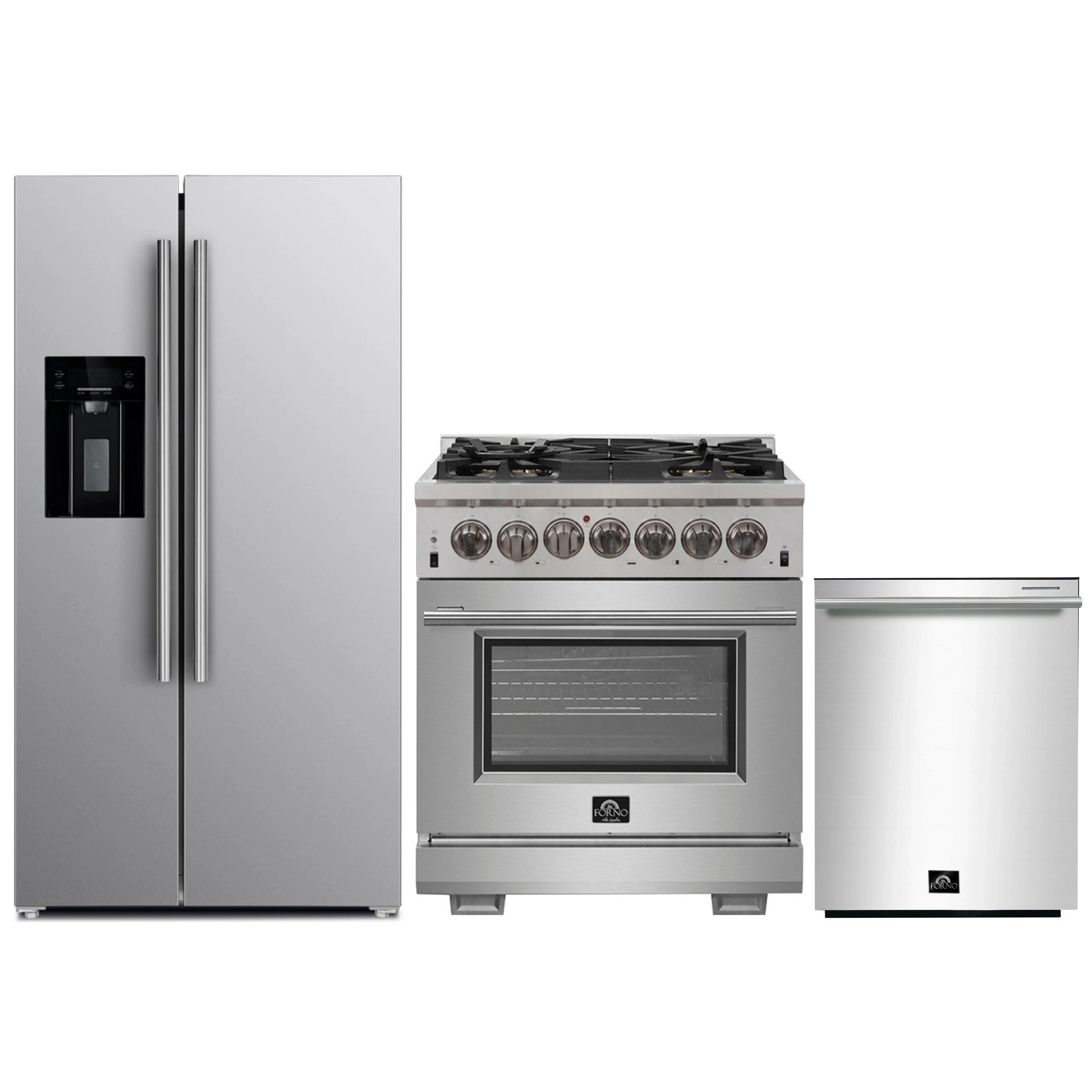 Stainless steel kitchen appliance set: dual fuel range, refrigerator, dishwasher