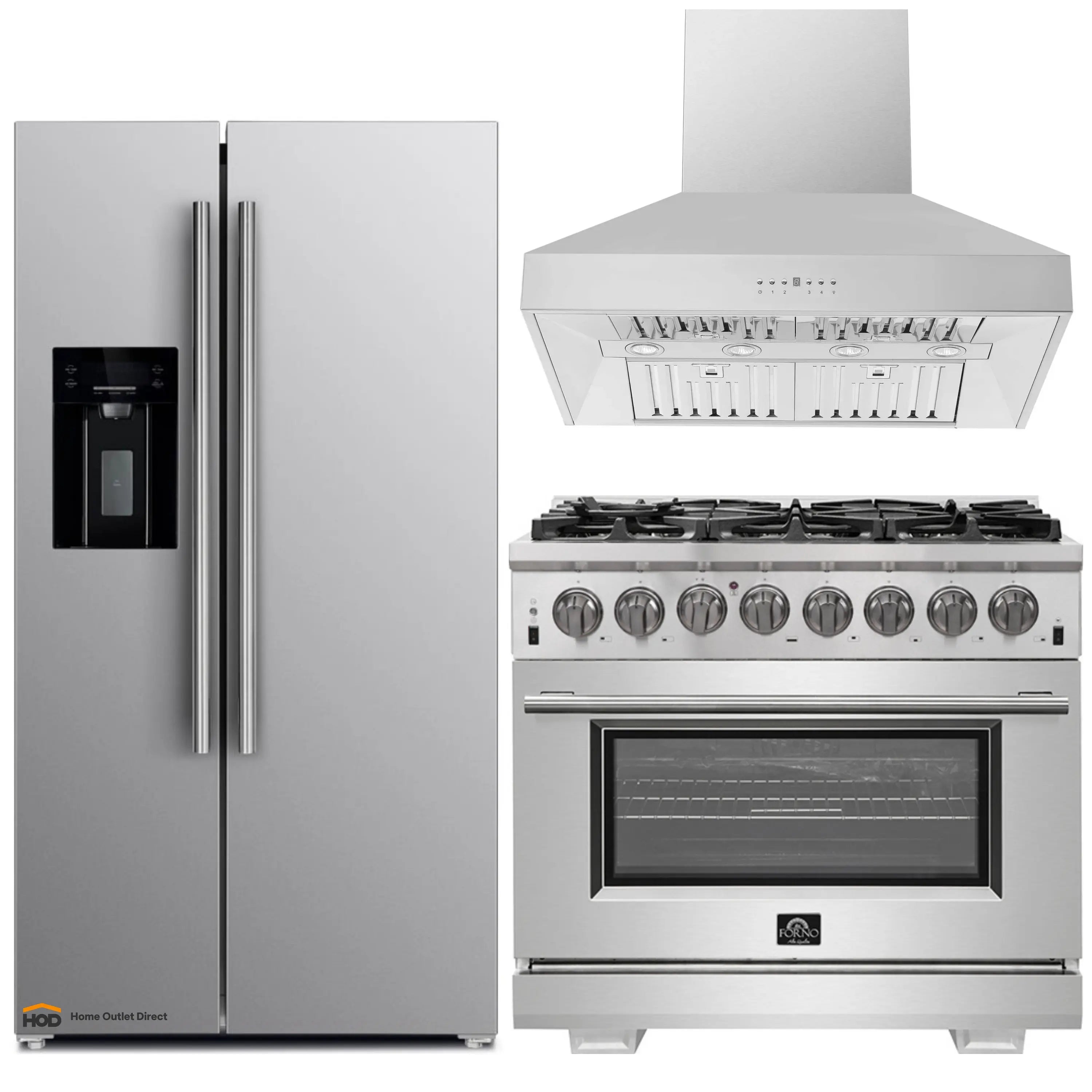 Stainless steel kitchen appliance package with refrigerator, wall hood, and dual-fuel range