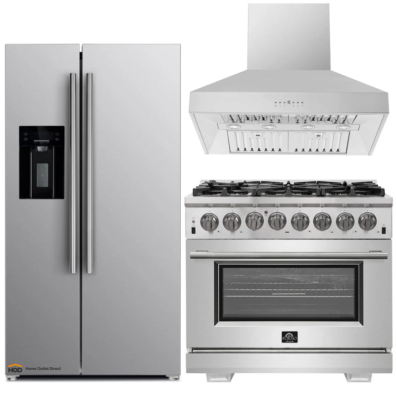 Forno 3-Piece Pro Appliance Package - 36-Inch Dual Fuel Range, Refrigerator with Water Dispenser, & Wall Mount Hood in Stainless Steel