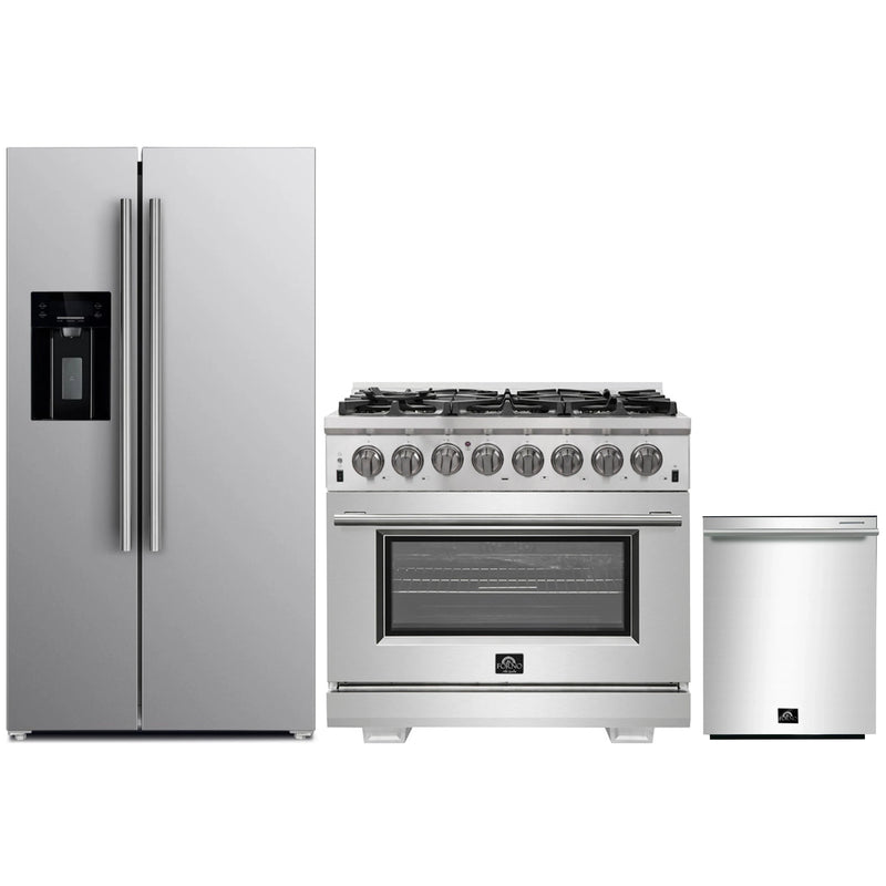 Forno 3-Piece Pro Appliance Package - 36-Inch Dual Fuel Range, Refrigerator with Water Dispenser, & Dishwasher in Stainless Steel