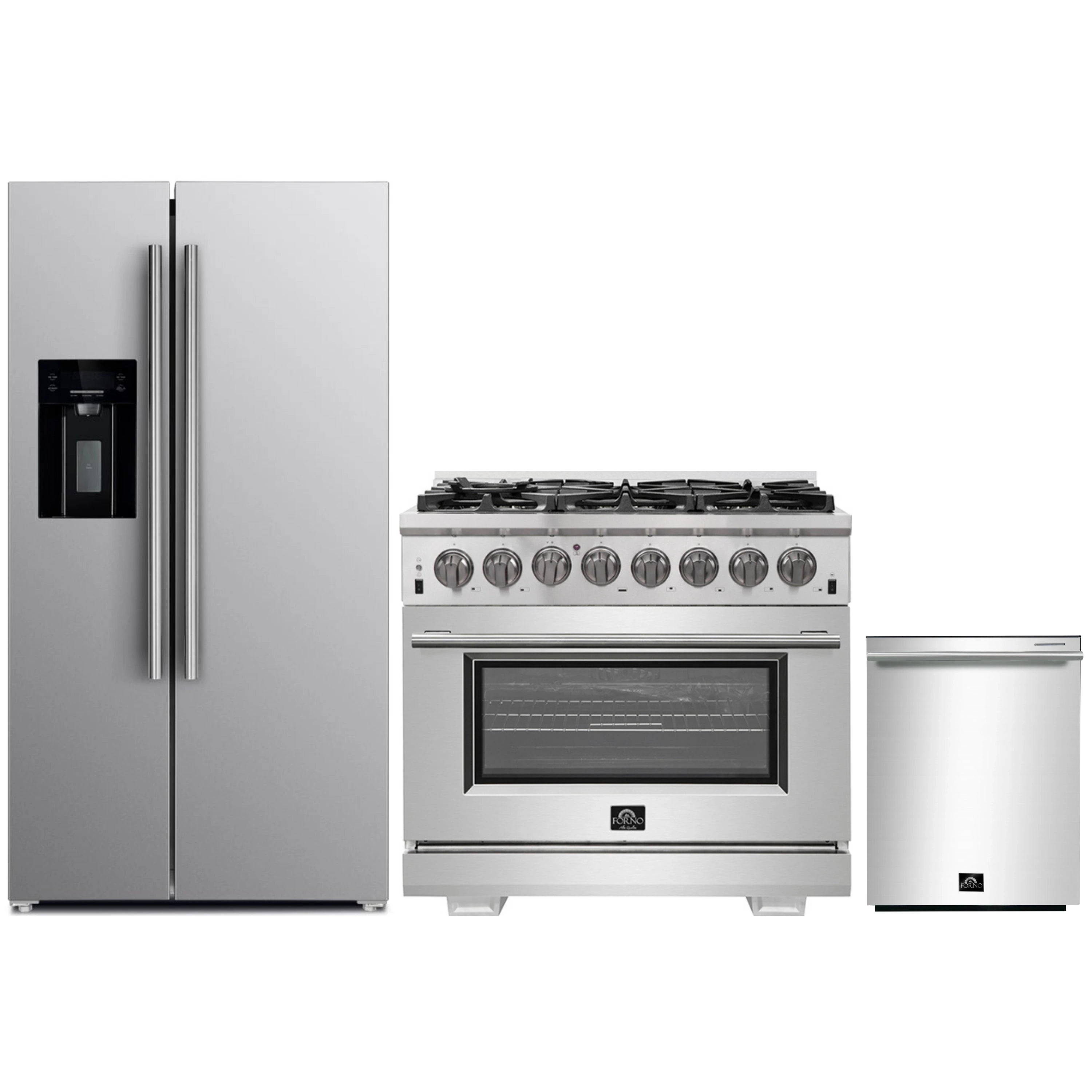 Stainless steel appliance set: refrigerator, range, and compact dishwasher