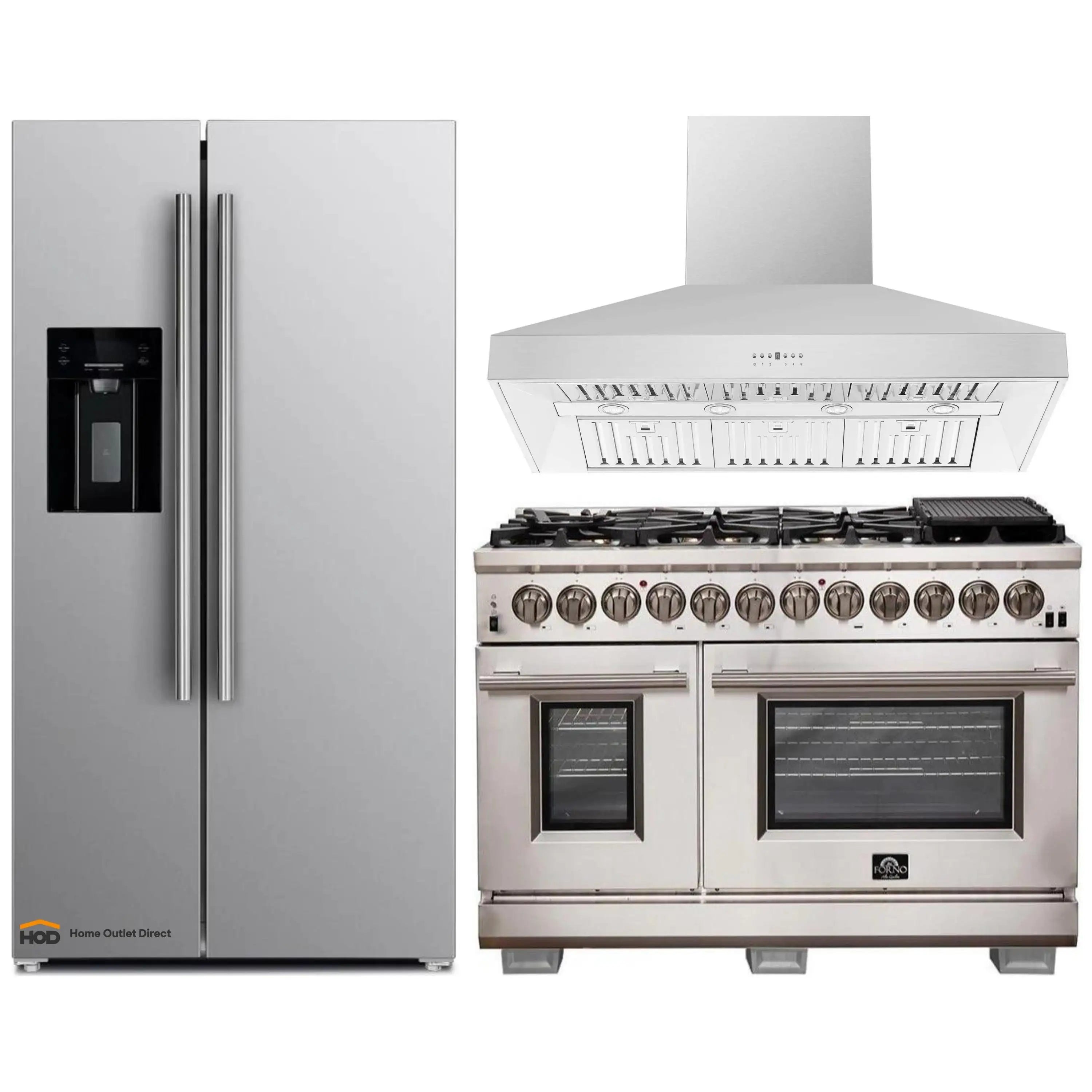 Stainless steel 3-piece appliance package with refrigerator, dual fuel range, and wall hood