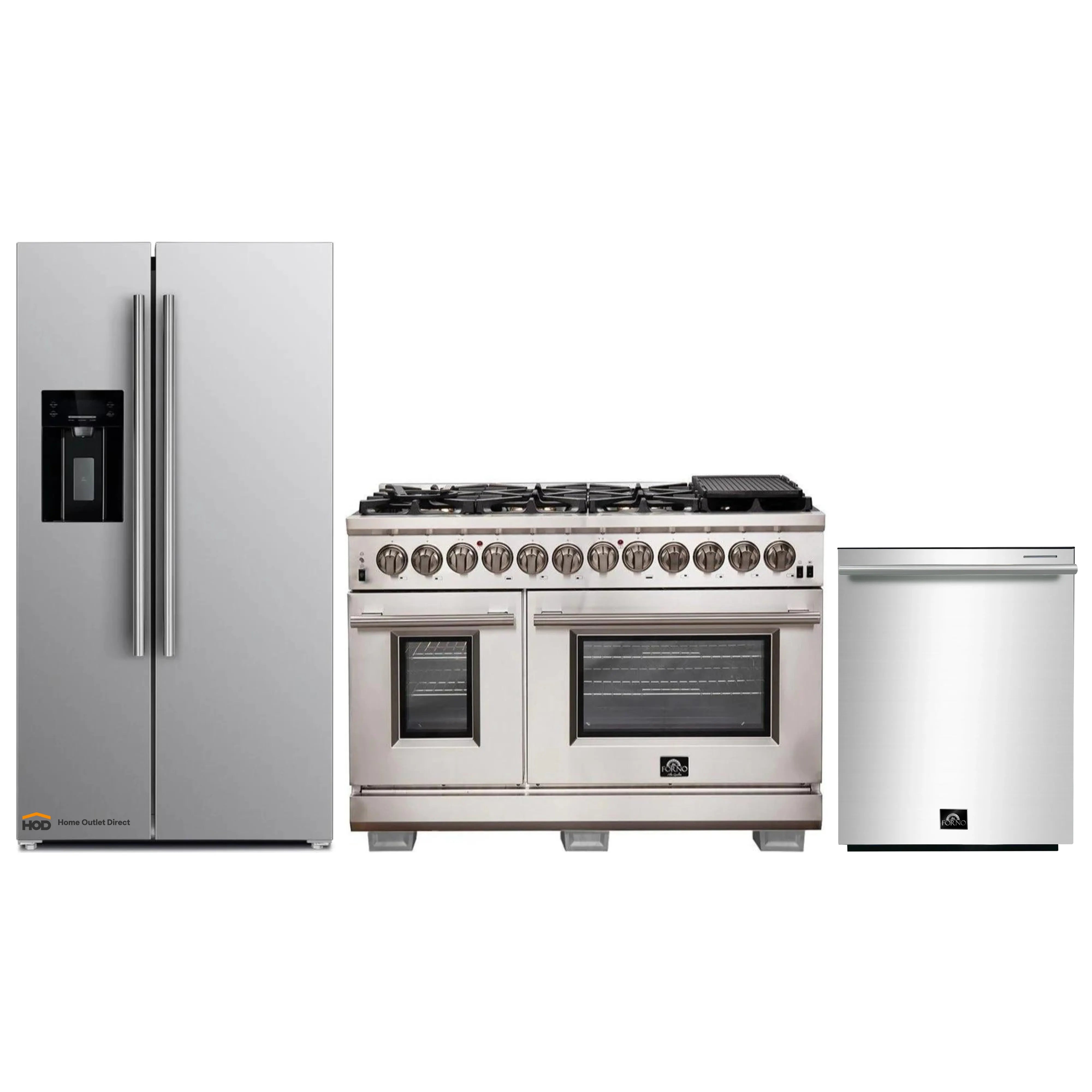 Stainless steel refrigerator, dual fuel range, and dishwasher side-by-side