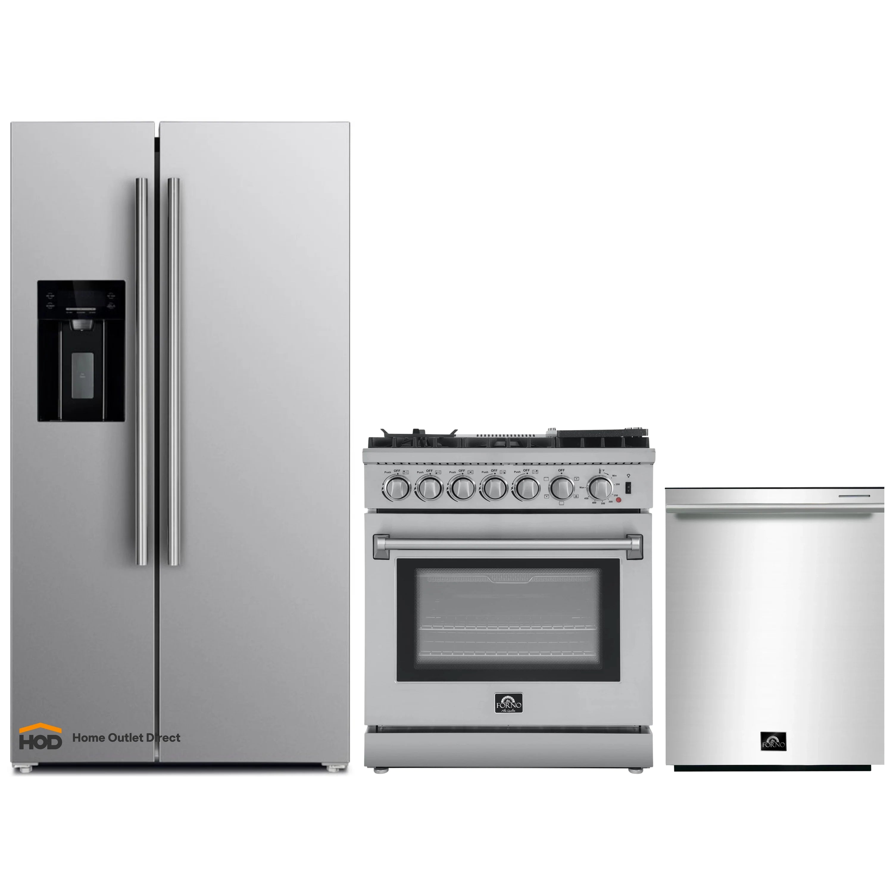 3-piece stainless steel appliance set: range, dishwasher, and refrigerator