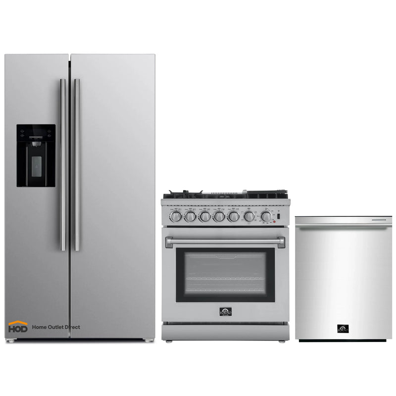 Forno 3-Piece Appliance Package - 30-Inch Dual Fuel Range with Air Fryer, Refrigerator with Water Dispenser,& Dishwasher in Stainless Steel