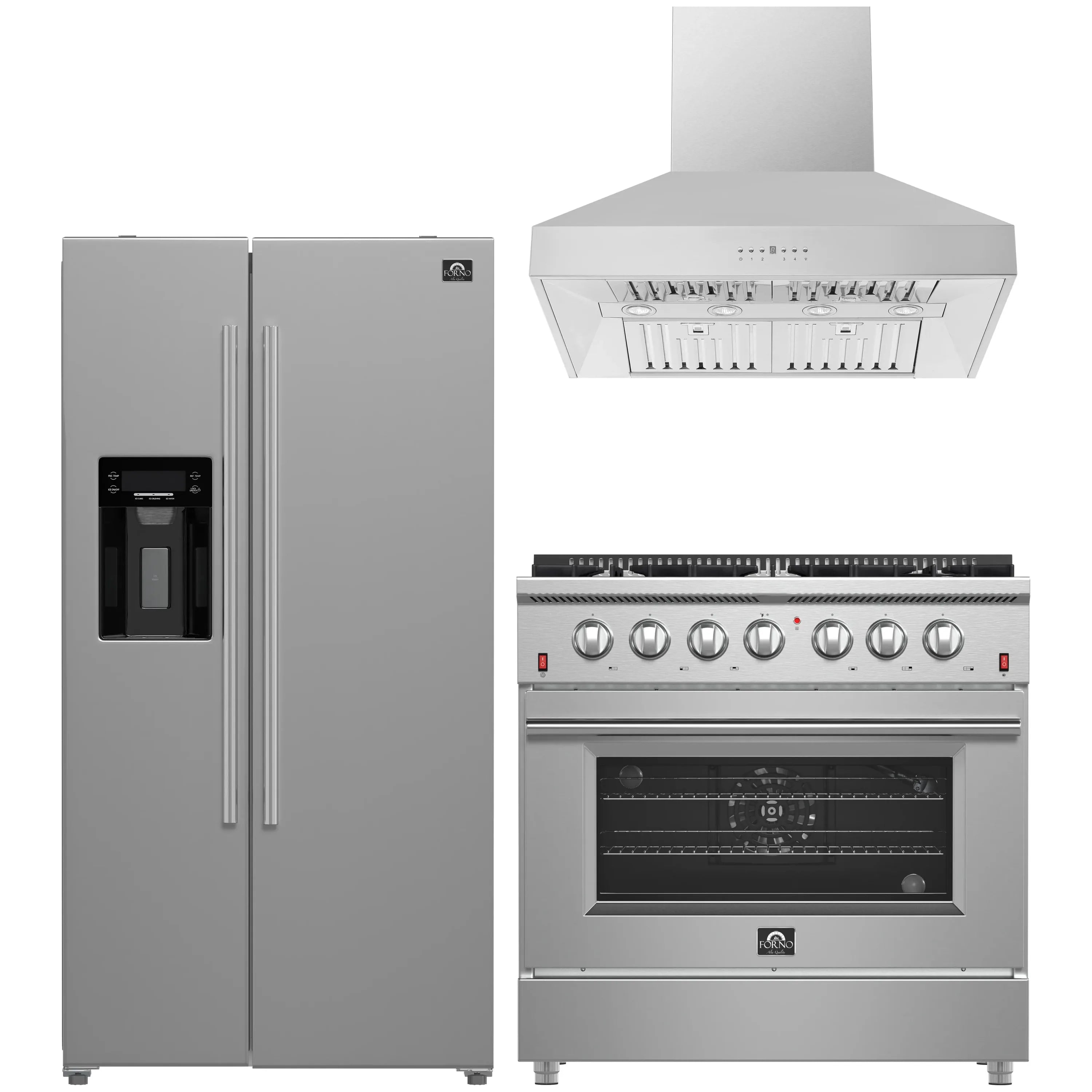 Stainless steel appliance set: refrigerator, gas range, and wall hood