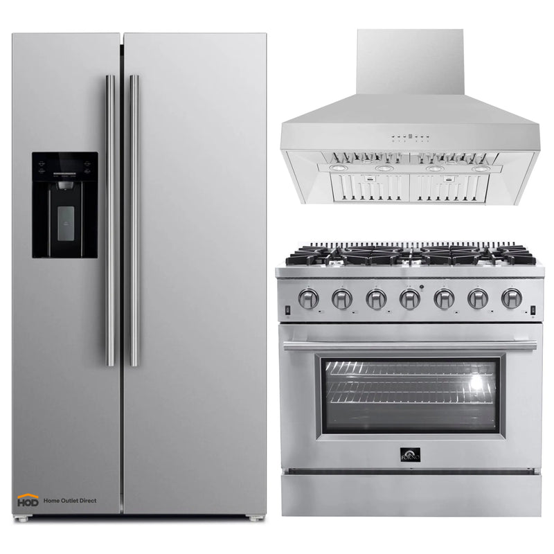 Forno 3-Piece Appliance Package - 36-Inch Gas Range, Refrigerator with Water Dispenser, & Wall Mount Hood in Stainless Steel