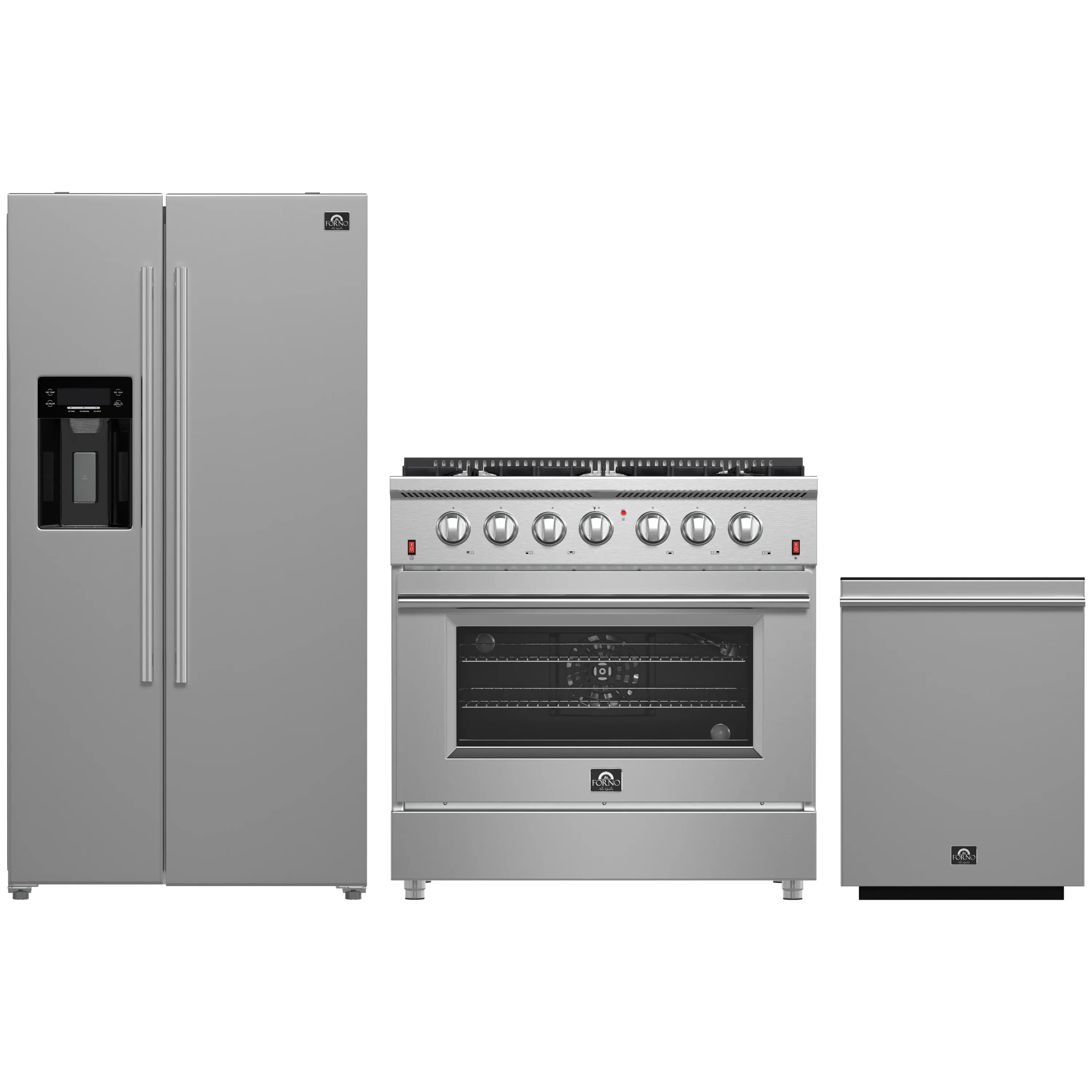 Forno 3-Piece Appliance Package - 36-Inch Gas Range, Refrigerator with Water Dispenser, & Dishwasher in Stainless Steel