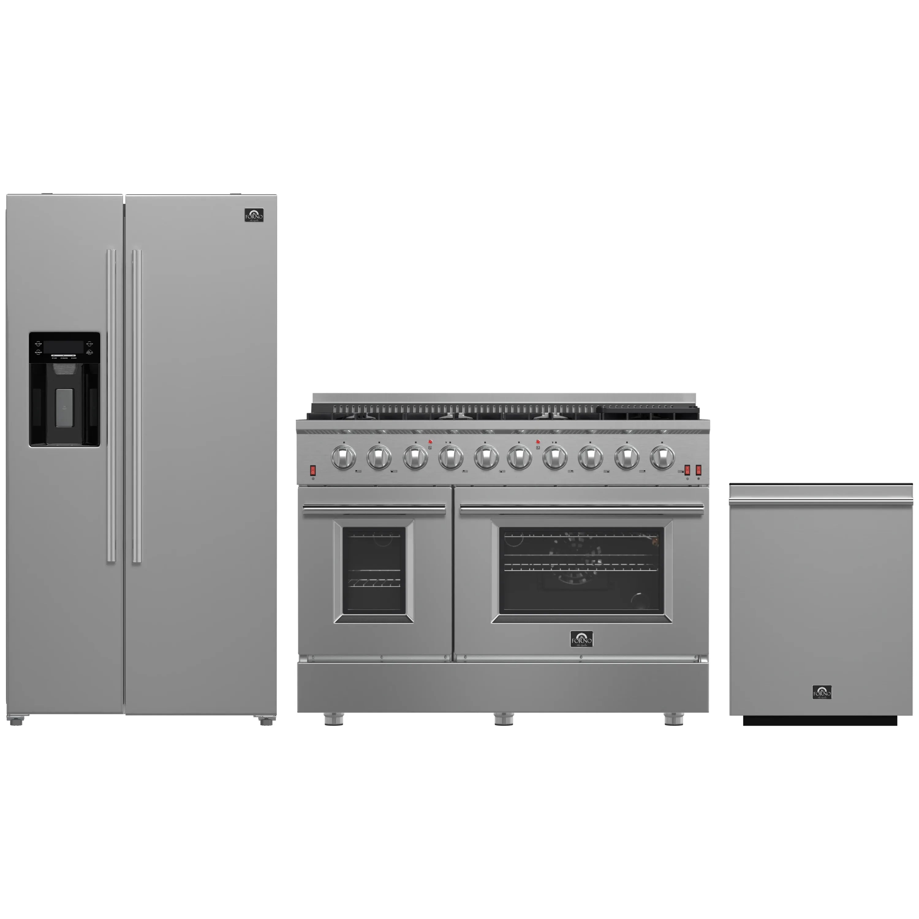 Stainless steel appliance package with gas range, refrigerator, and dishwasher