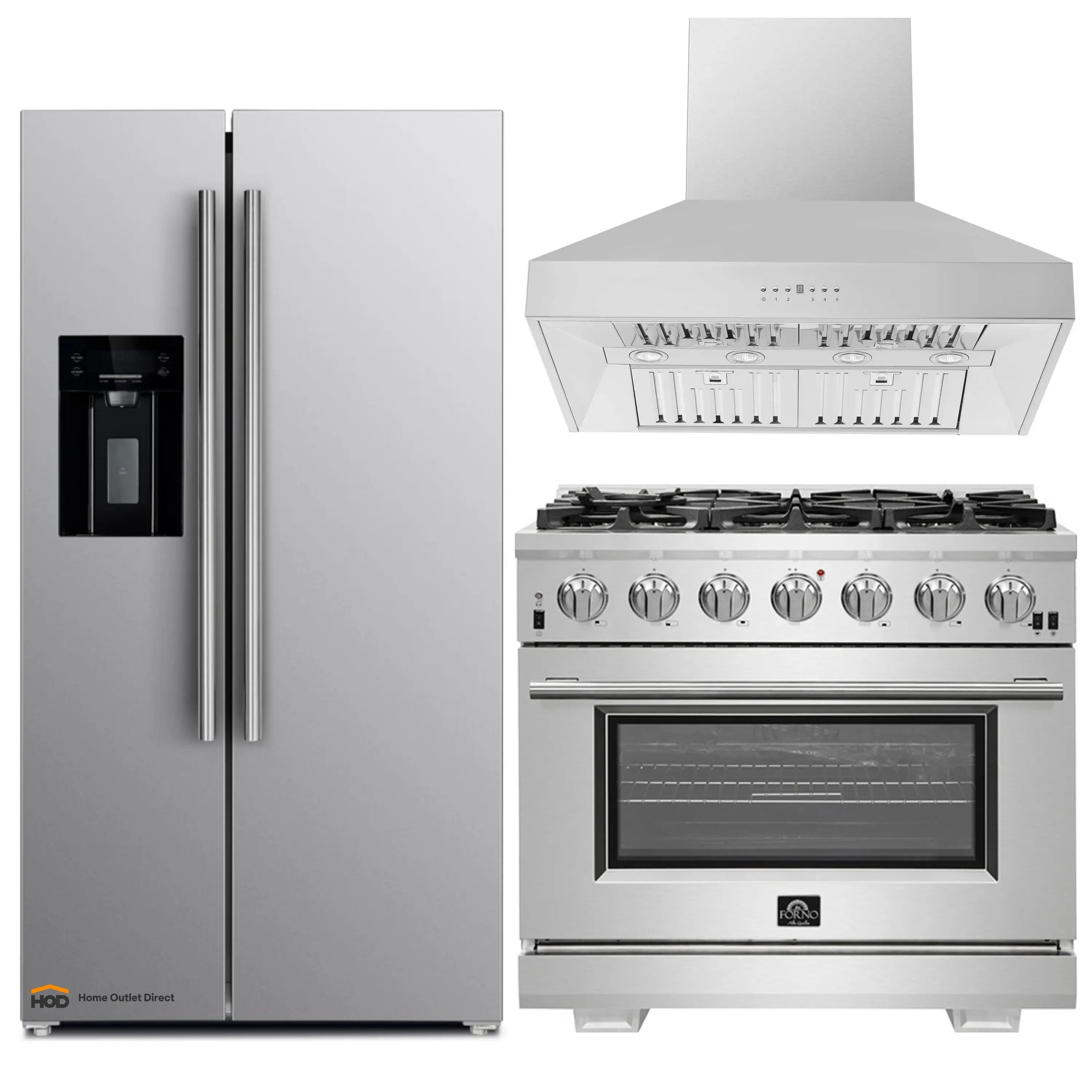 Stainless steel kitchen appliance set: refrigerator, range, and wall hood